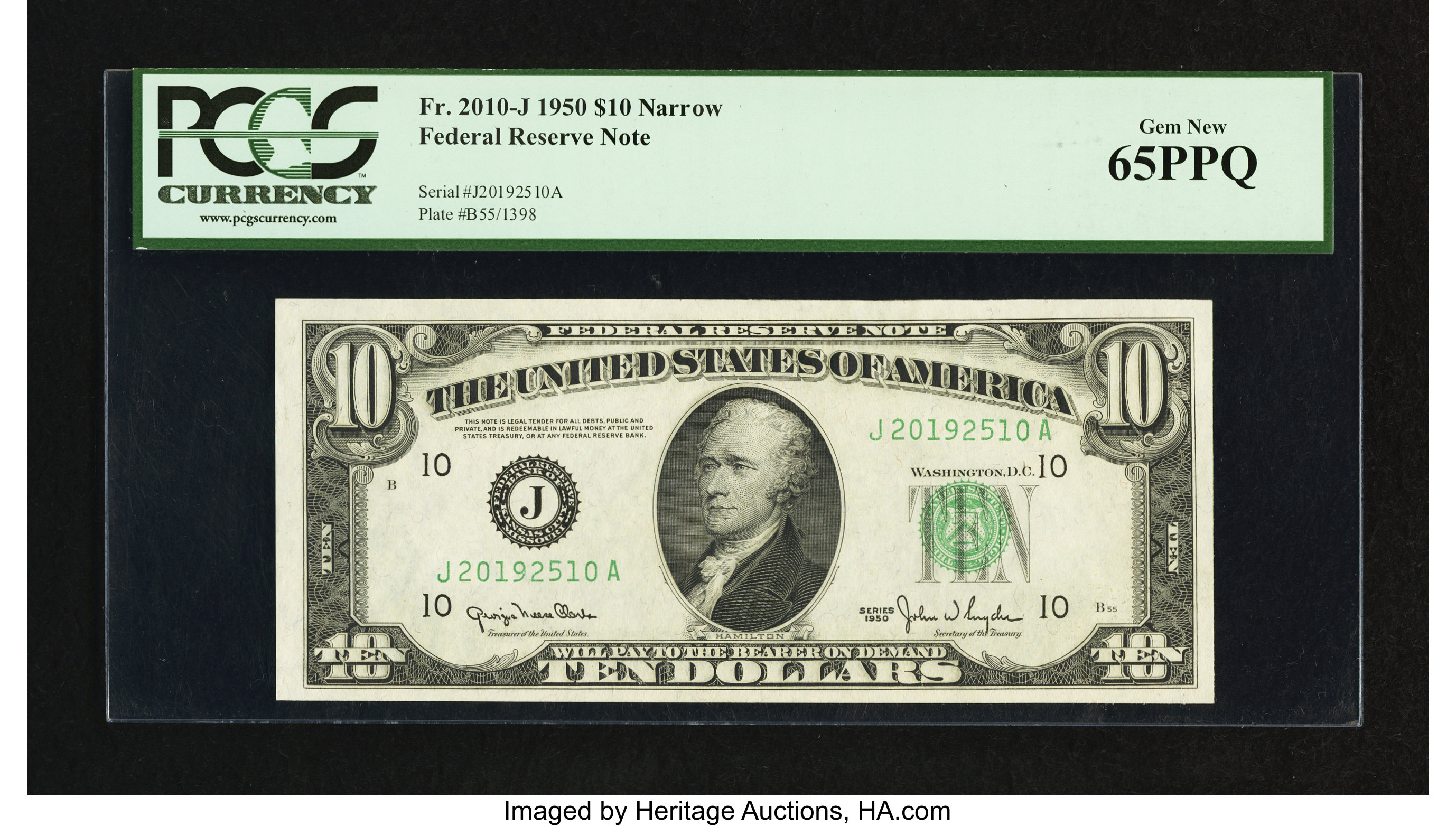 image for: Fr. 2010-J $10 1950 Narrow Federal Reserve Note. PCGS Gem New 65PPQ....