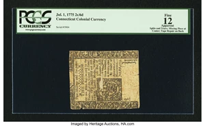 image for: Uncancelled Connecticut July 1, 1775 2s 6d PCGS Apparent Fine 12....
