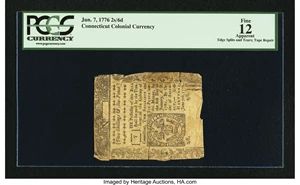 image for: Uncancelled Connecticut June 7, 1776 2s 6d PCGS Apparent Fine 12....