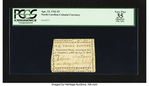 image for: North Carolina April 23, 1761 £3 PCGS Apparent Very Fine 35....
