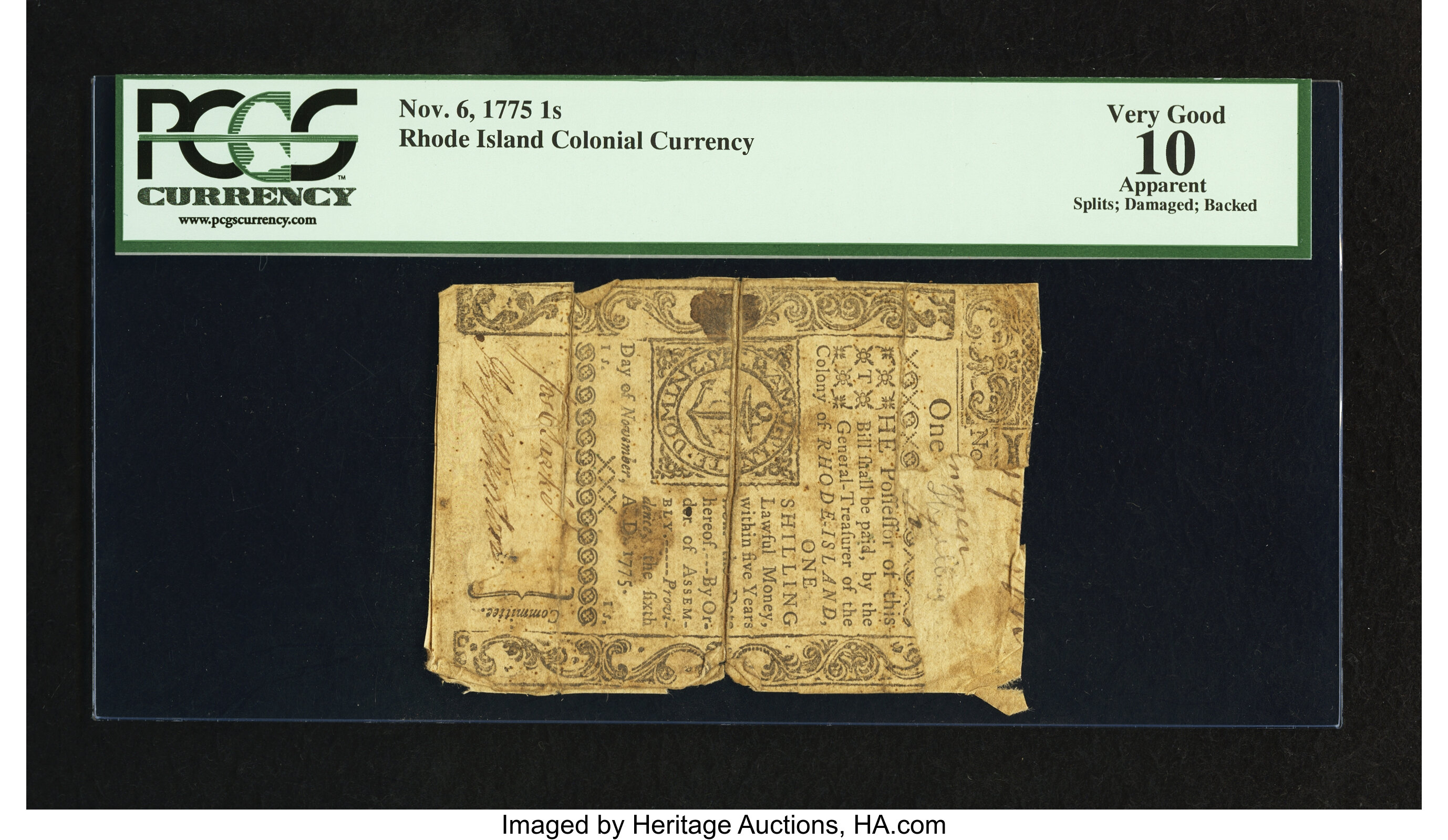 image for: Rhode Island November 6, 1775 1s PCGS Apparent Very Good 10....