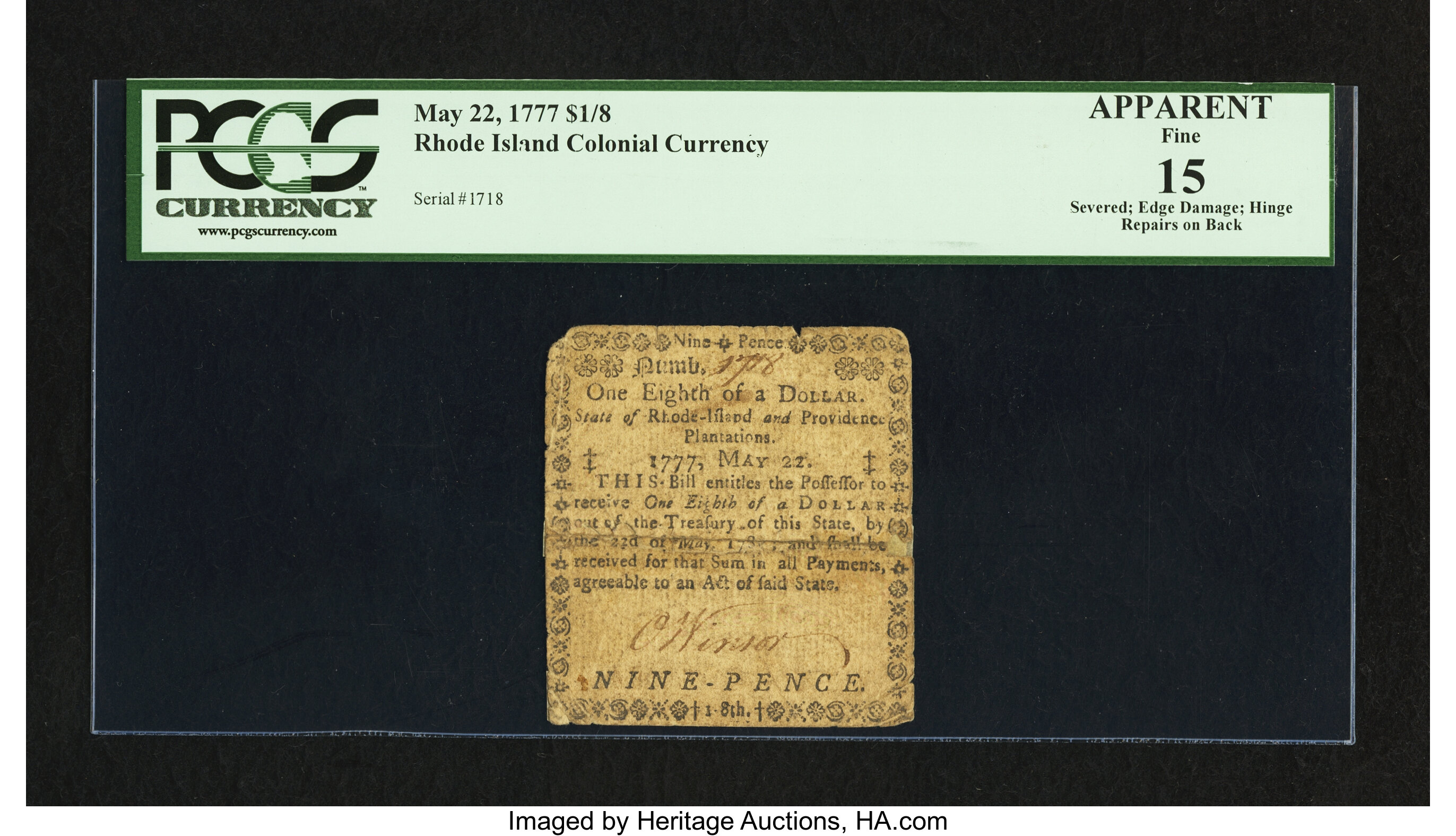 image for: Rhode Island May 22, 1777 $1/8 PCGS Apparent Fine 15....