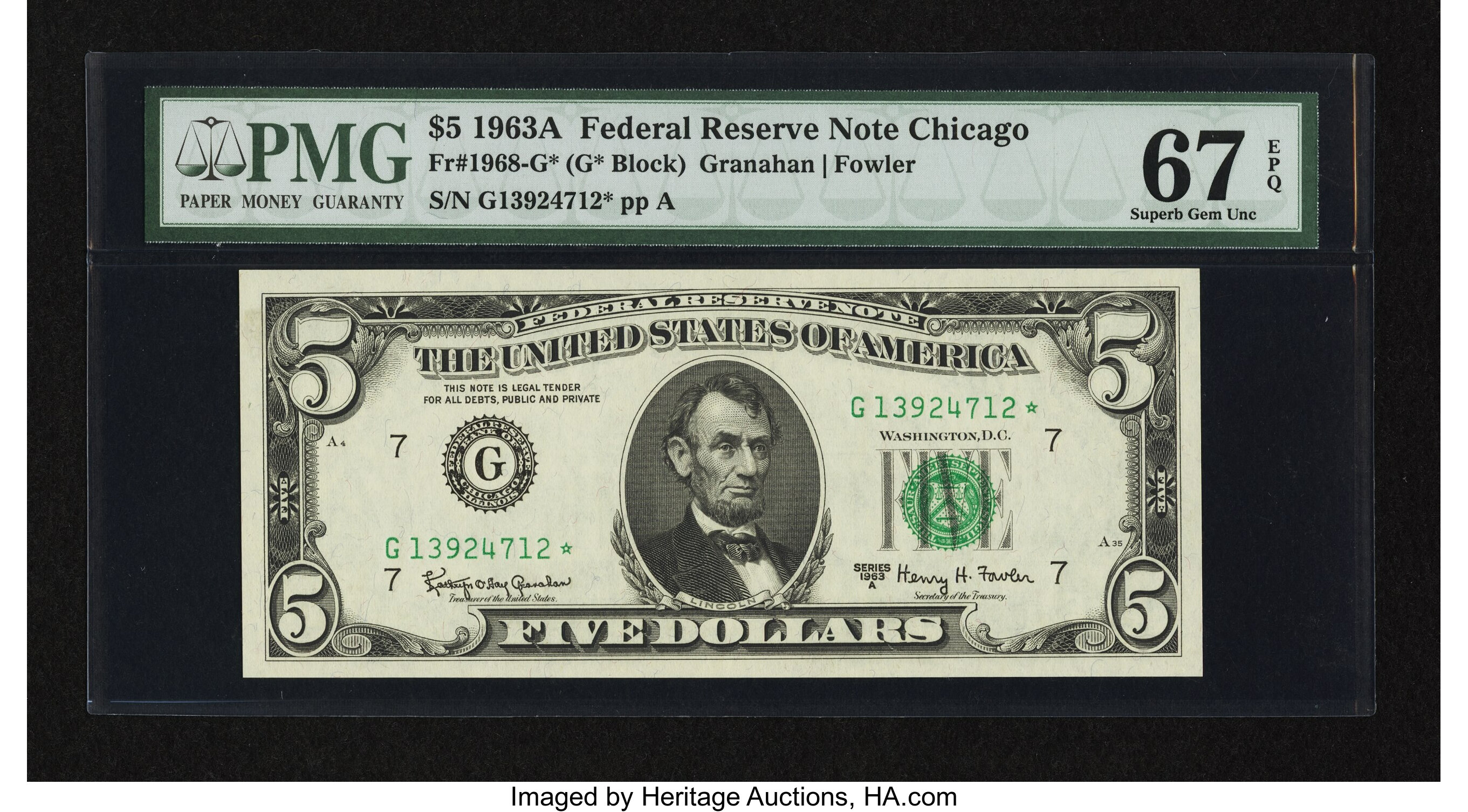 image for: Fr. 1968-G* $5 1963A Federal Reserve Note. PMG Superb Gem Unc 67 EPQ....
