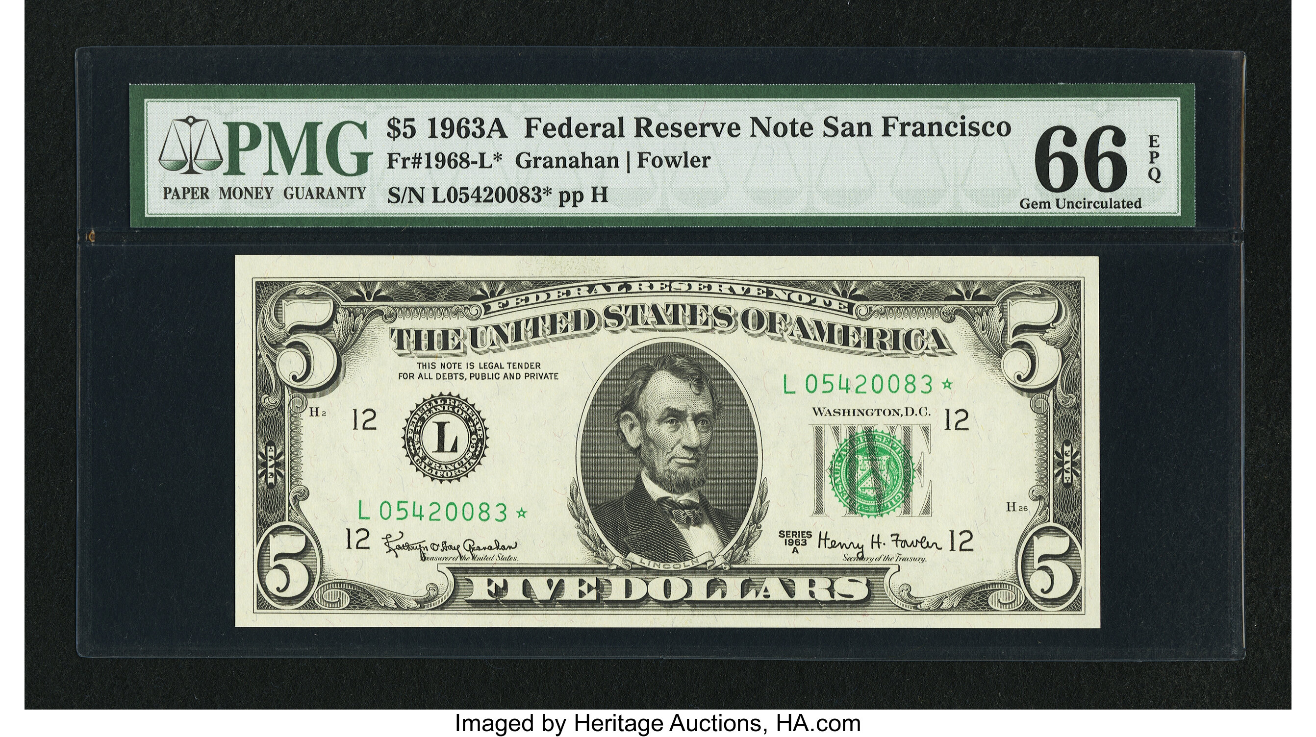 image for: Fr. 1968-L* $5 1963A Federal Reserve Note. PMG Gem Uncirculated 66 EPQ....