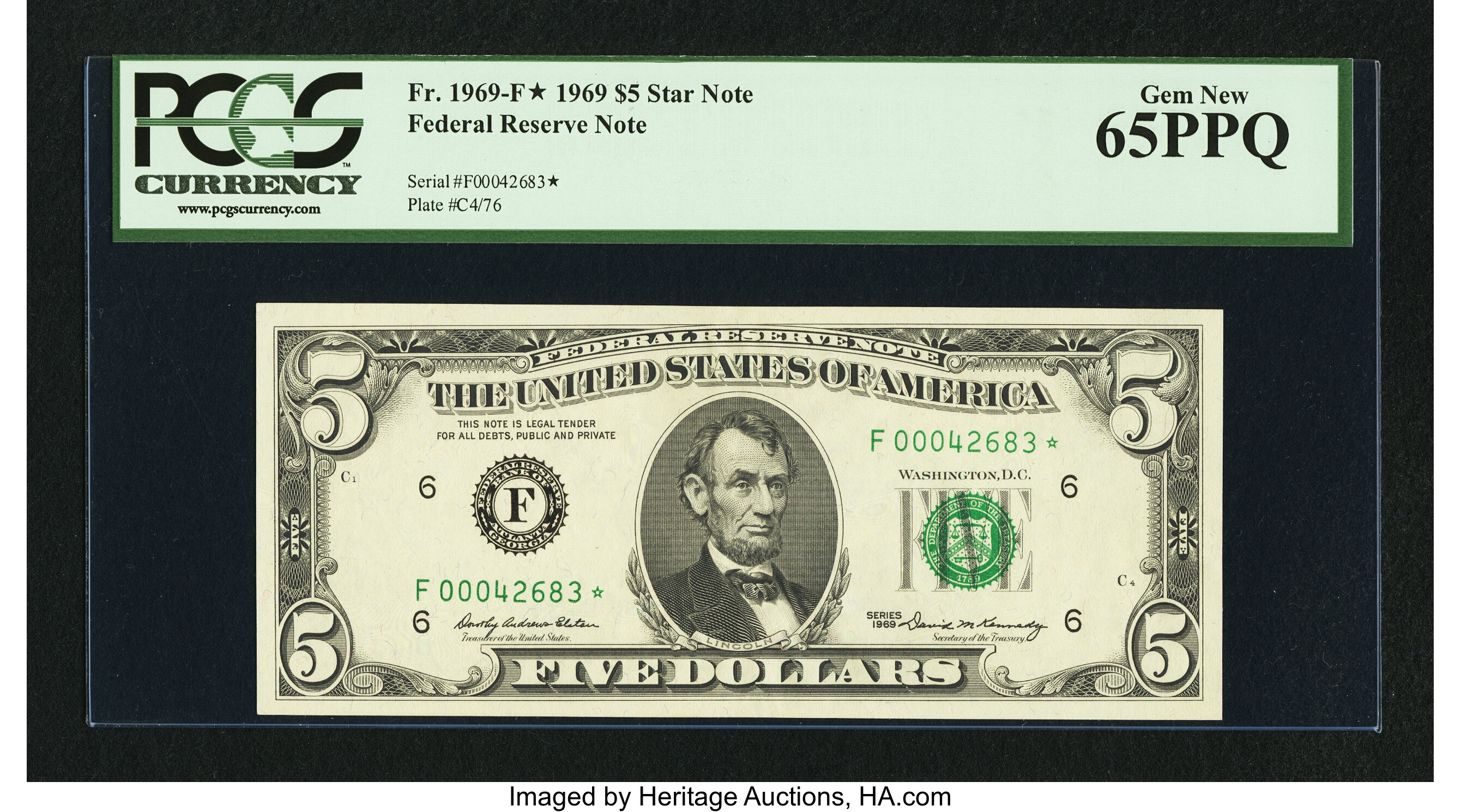 image for: Fr. 1969-F* $5 1969 Federal Reserve Note. PCGS Gem New 65PPQ....