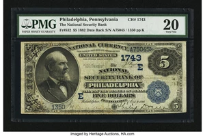image for: Philadelphia, PA - $5 1882 Date Back Fr. 532 The National Security Bank Ch. # (E)1743...