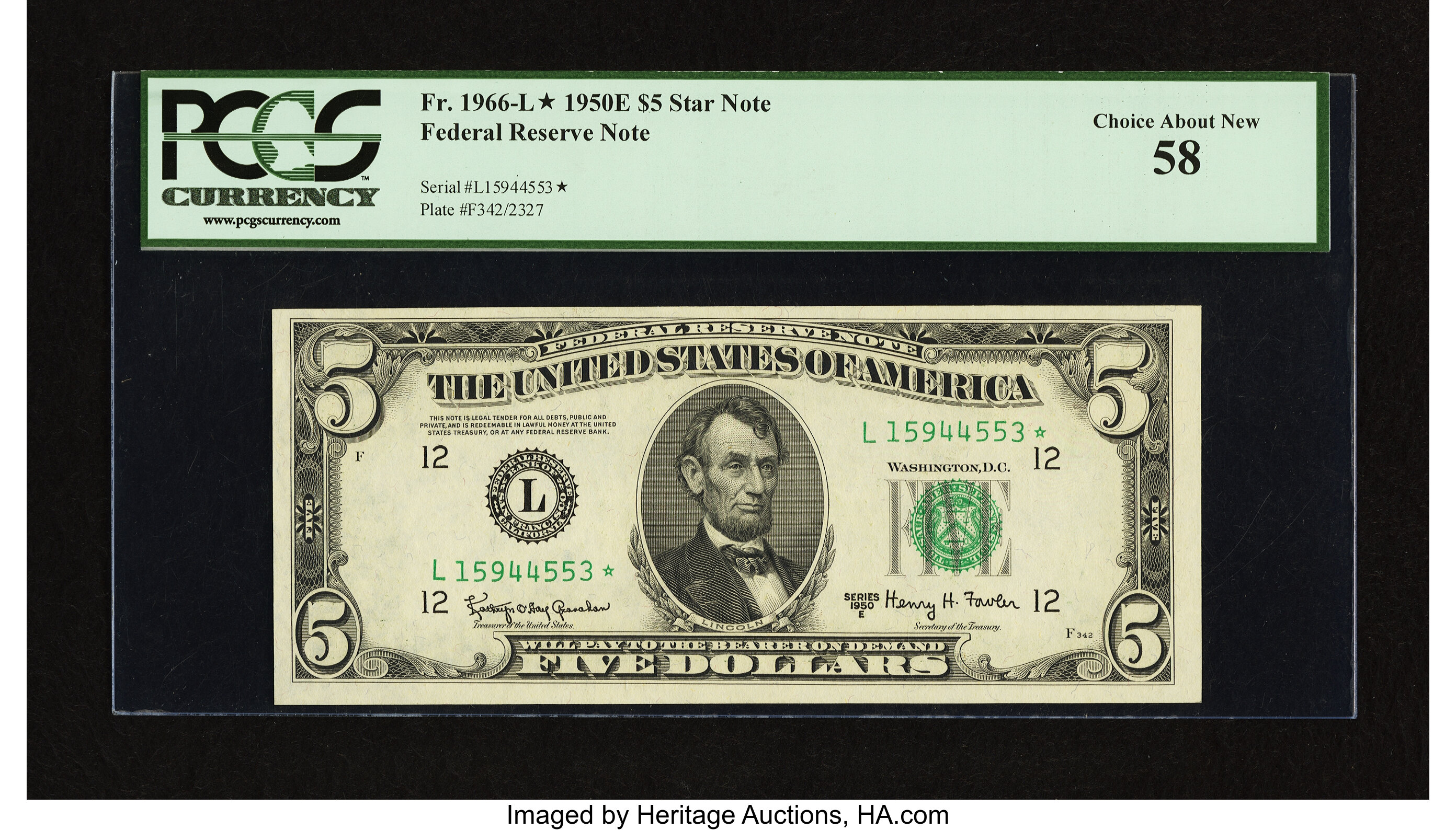 image for: Fr. 1966-L* $5 1950E Federal Reserve Note. PCGS Choice About New 58....