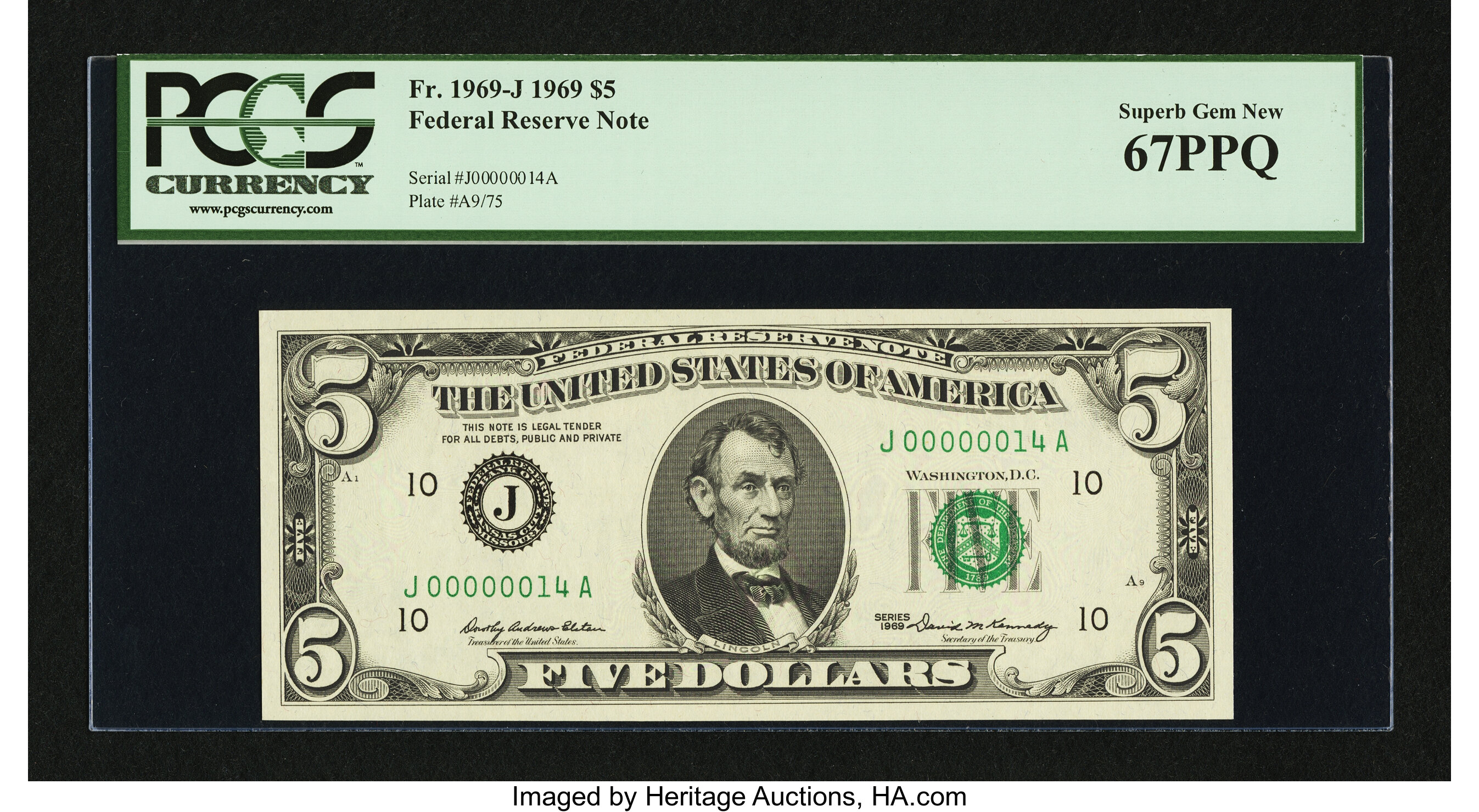 image for: Fr. 1969-J $5 1969 Federal Reserve Note. PCGS Superb Gem New 67PPQ....