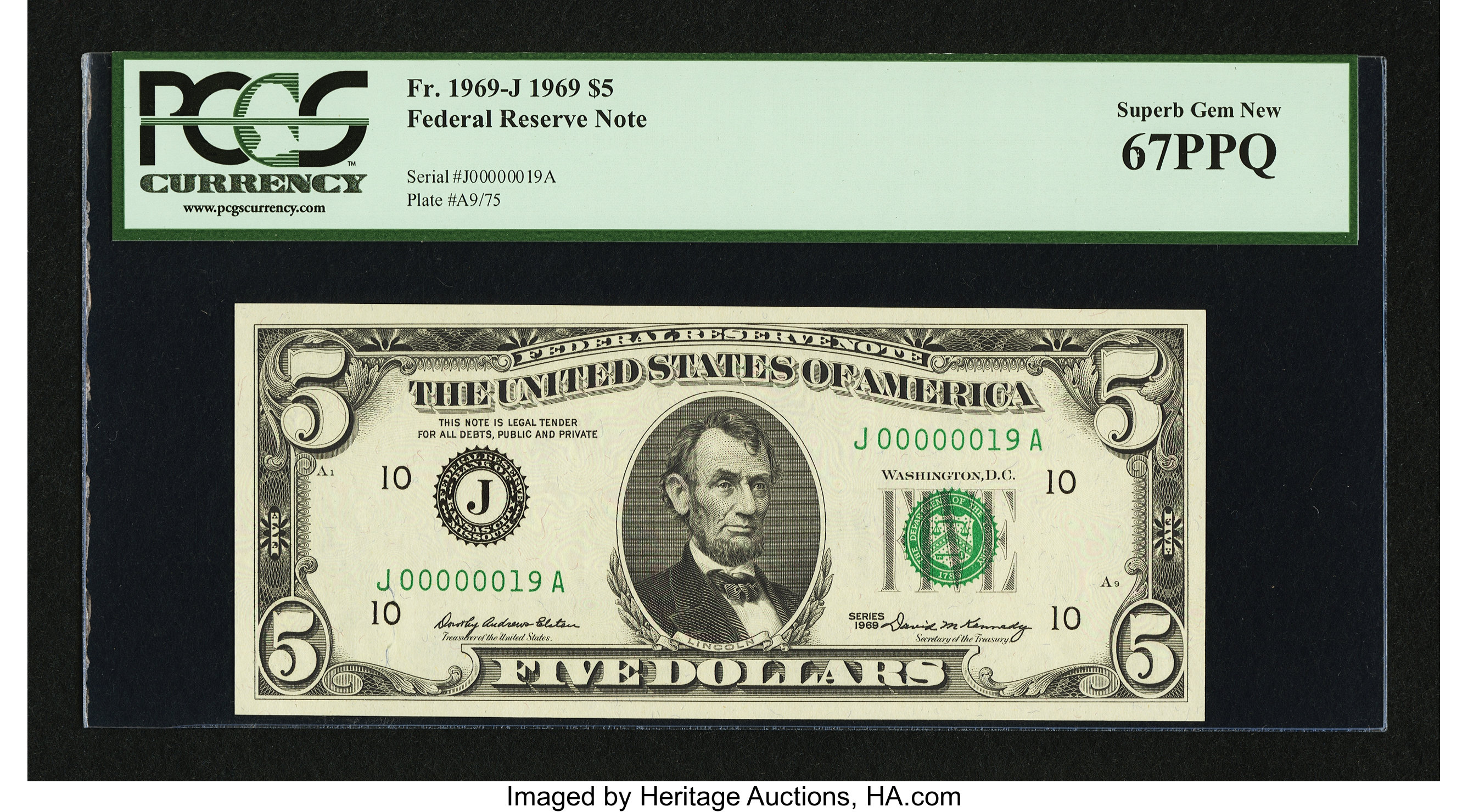 image for: Fr. 1969-J $5 1969 Federal Reserve Note. PCGS Superb Gem New 67PPQ....