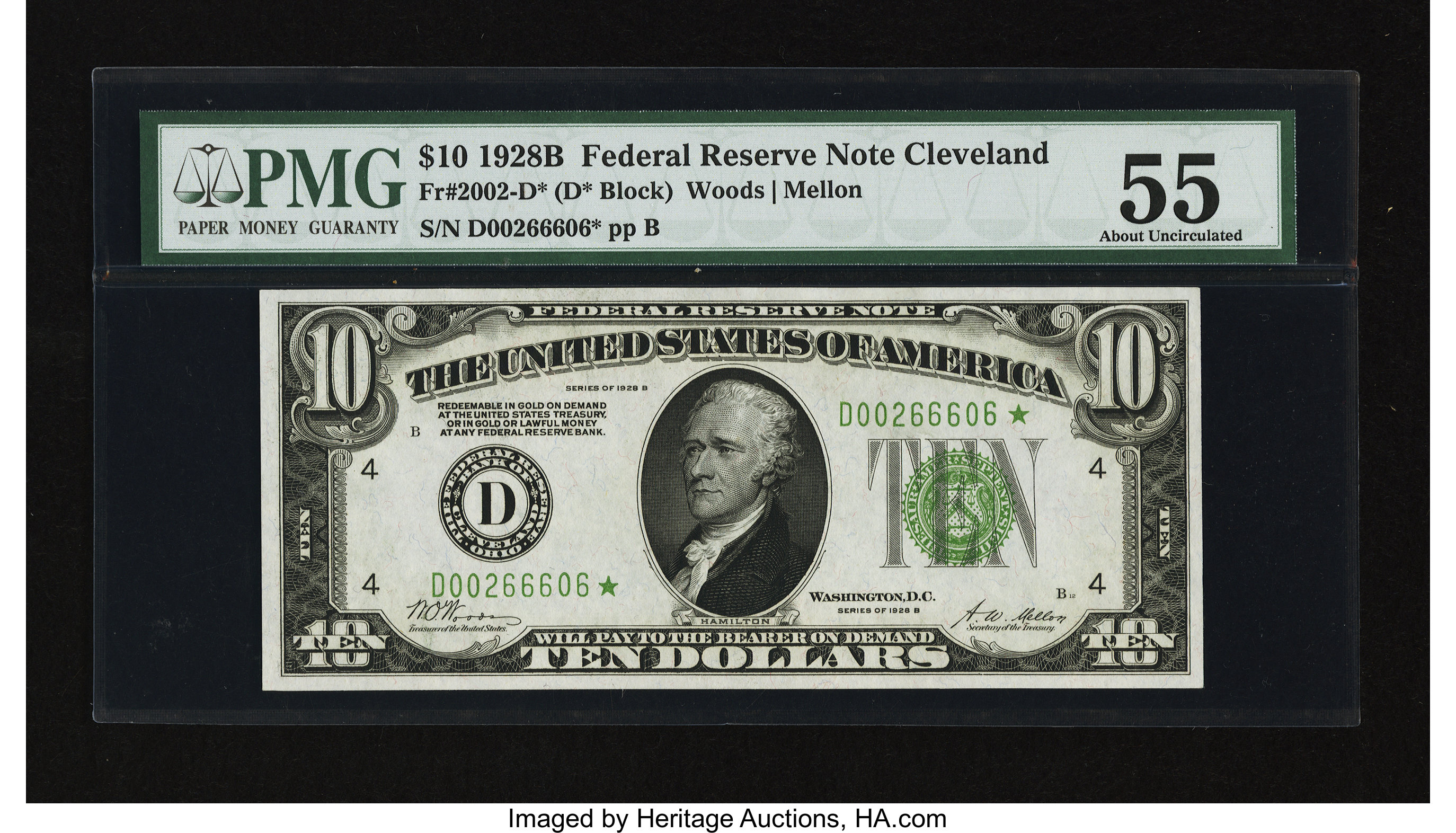 image for: Fr. 2002-D* $10 1928B Dark Green Seal Federal Reserve Note. PMG About Uncirculated 55....