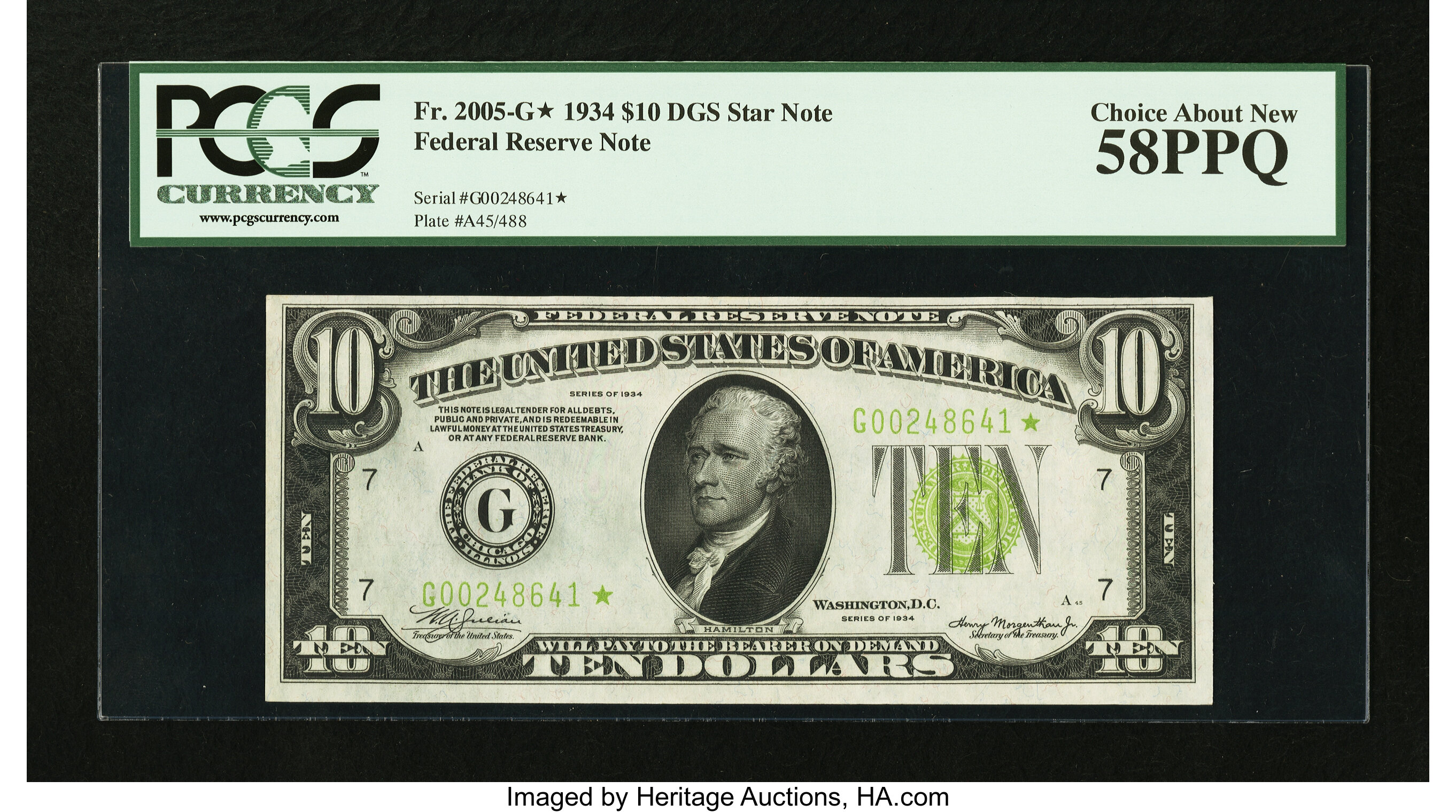 image for: Fr. 2005-G* $10 1934 Dark Green Seal Federal Reserve Note. PCGS Choice About New 58PPQ....