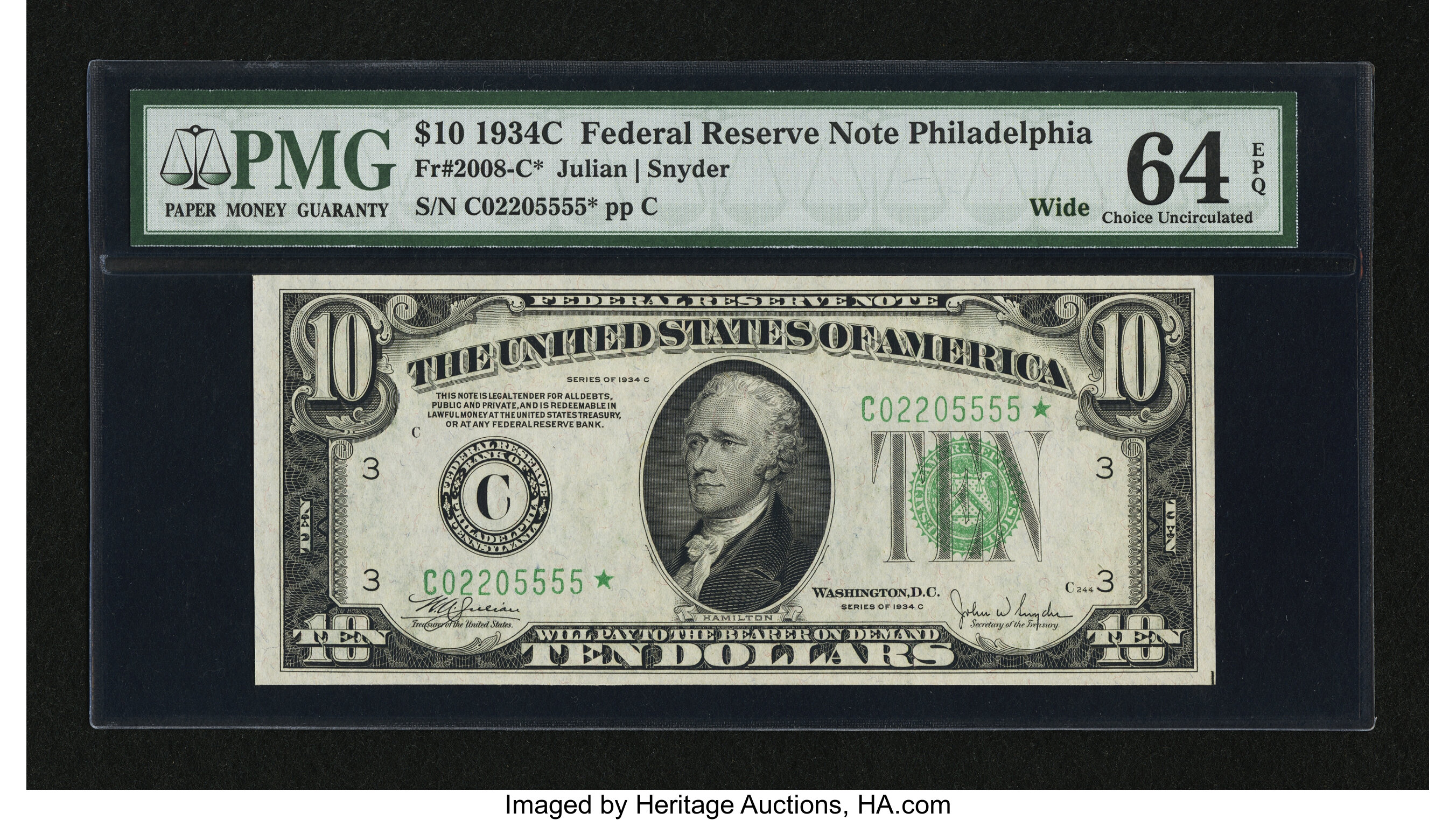 image for: Fr. 2008-C* $10 1934C Wide Federal Reserve Note. PMG Choice Uncirculated 64 EPQ....