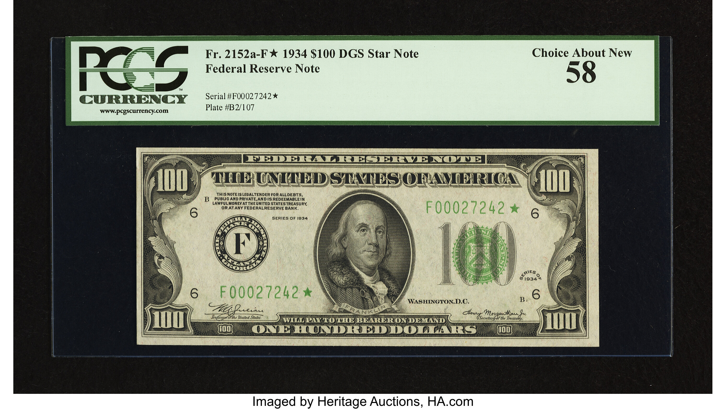 image for: Fr. 2152-F* $100 1934 Dark Green Seal Federal Reserve Note. PCGS Choice About New 58....