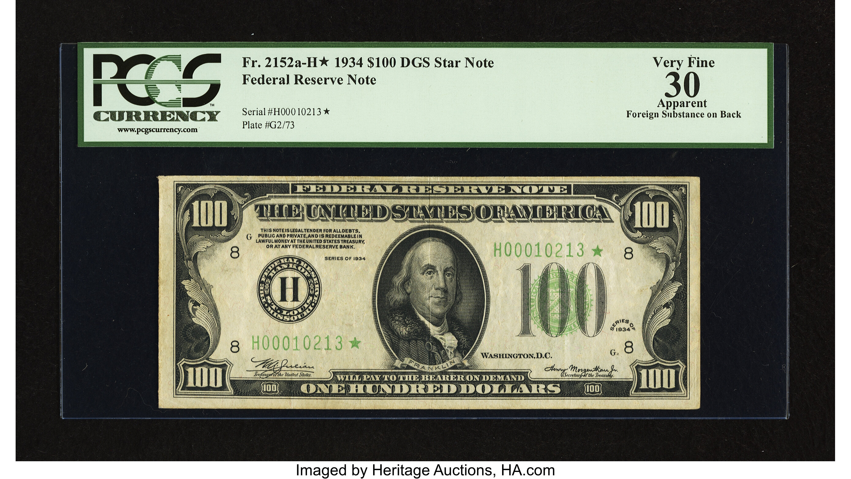 image for: Fr. 2152-H* $100 1934 Dark Green Seal Federal Reserve Note. PCGS Apparent Very Fine 30....