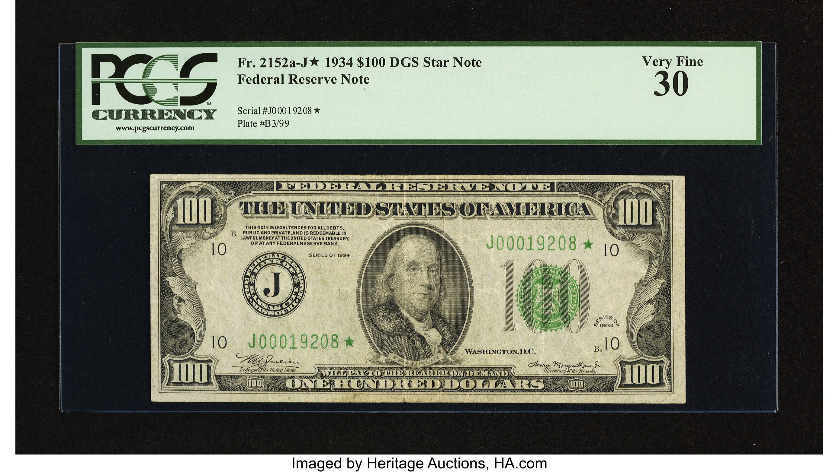 image for: Fr. 2152-J* $100 1934 Dark Green Seal Federal Reserve Note. PCGS Very Fine 30....