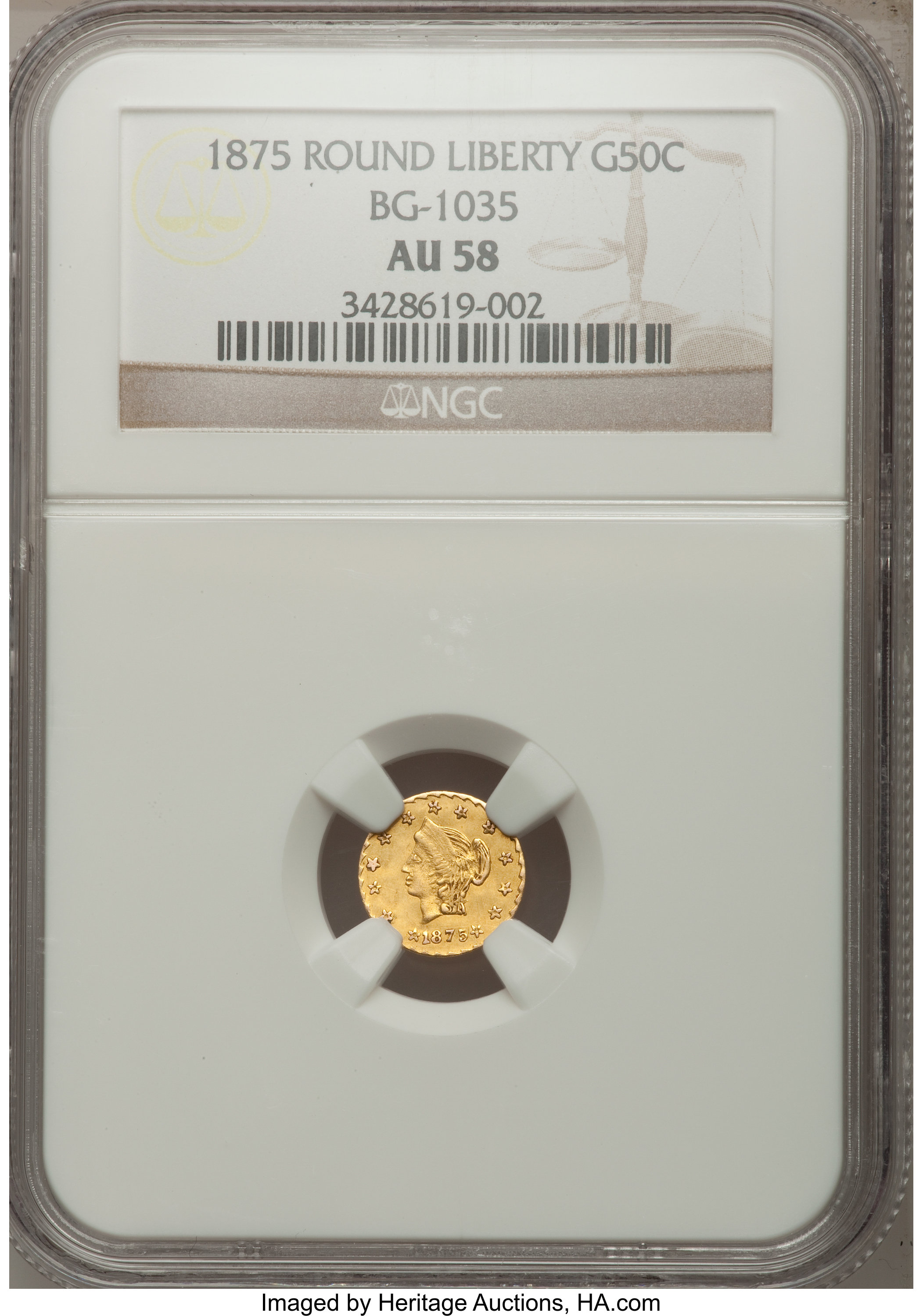 image for: 1875 50C Liberty Round 50 Cents, BG-1035, High R.5, AU58 NGC. NGC Census: (1/3). PCGS Population (0/18).   (#10864)...