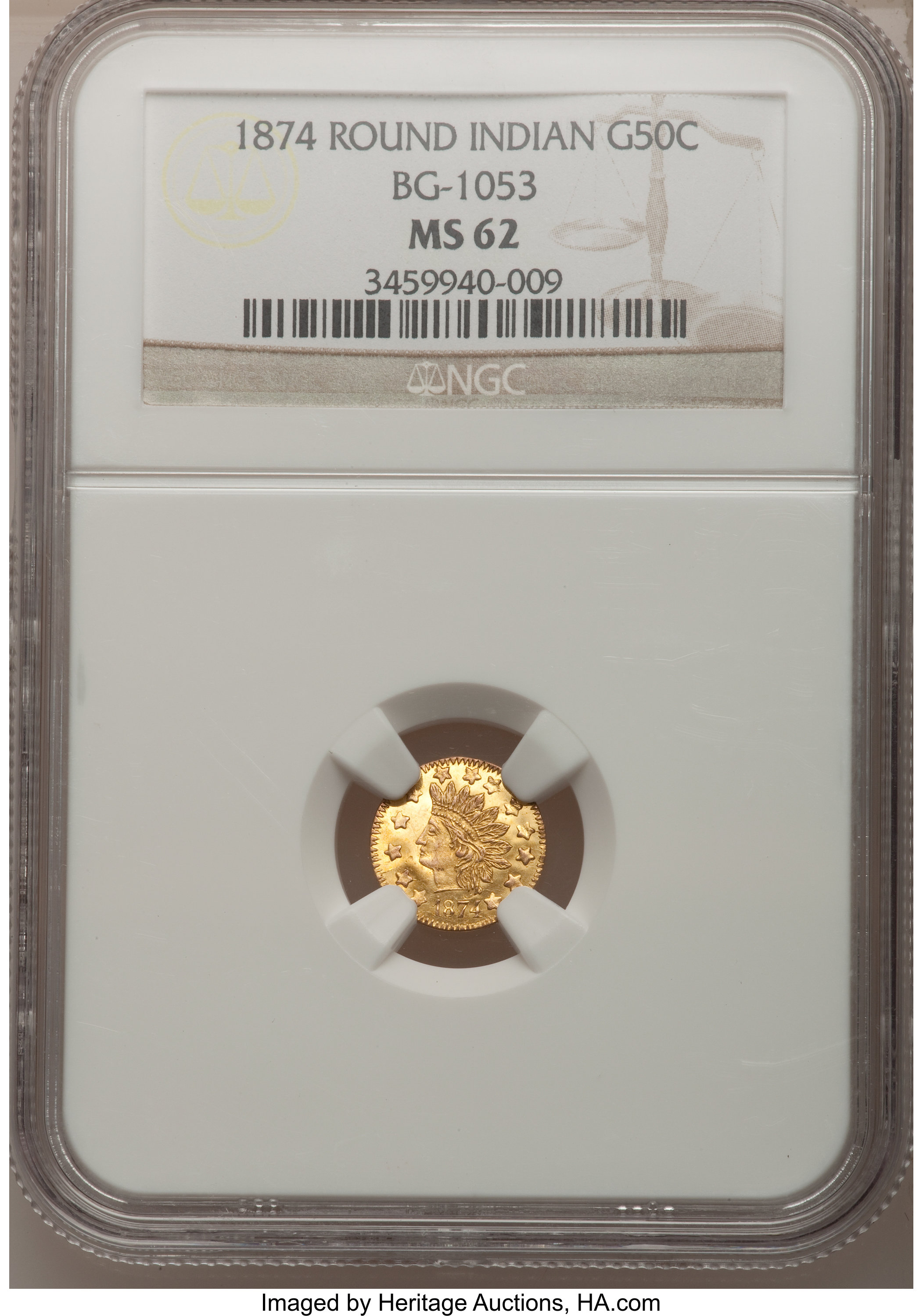 image for: 1874 50C Indian Round 50 Cents, BG-1053, High R.5, MS62 NGC. NGC Census: (3/1). PCGS Population (4/18).   (#10882)...