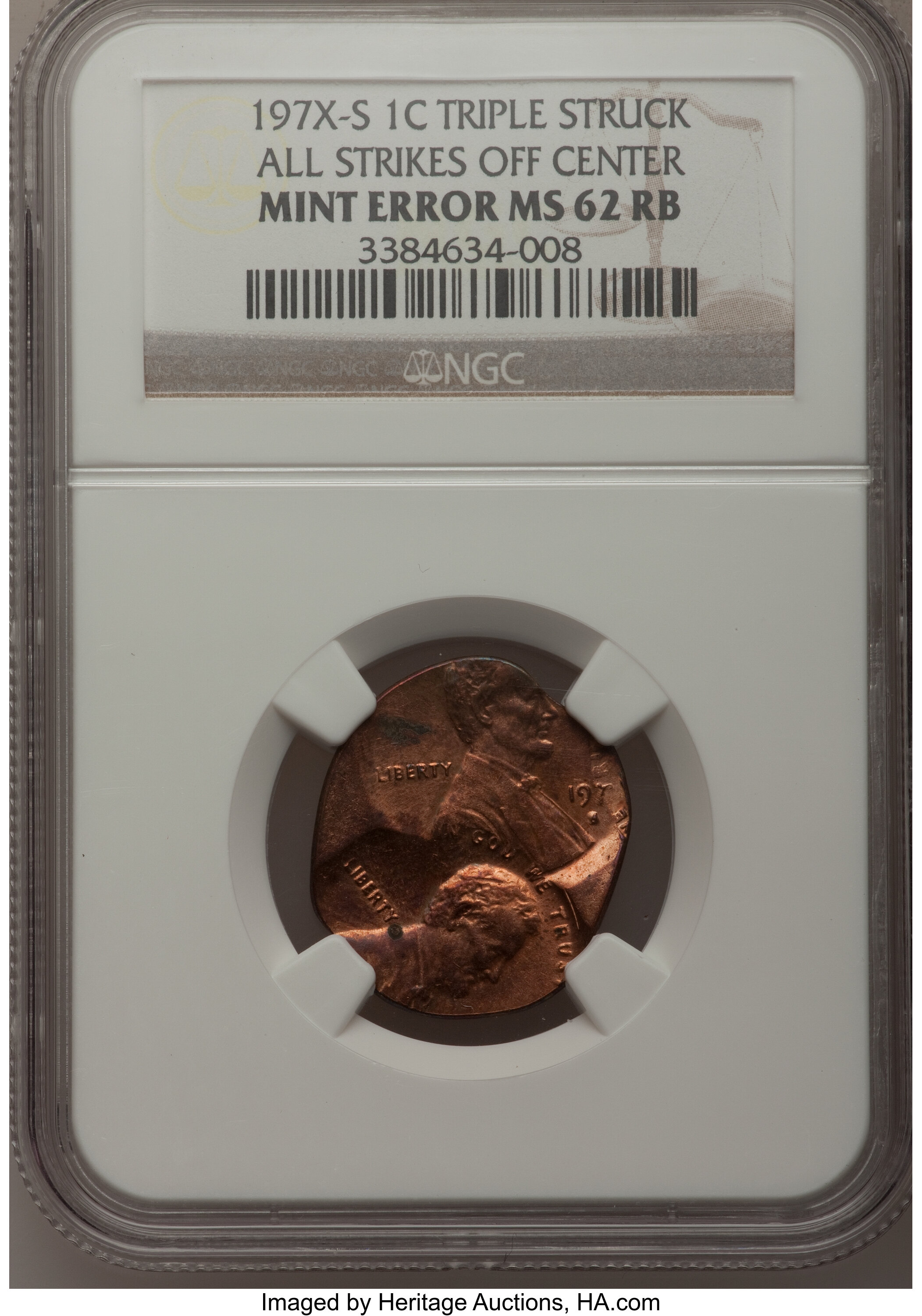 197X-S 1C Lincoln Cent--Triple Struck, All Strikes Off Center--MS62 Red and Brown NGC. ...
