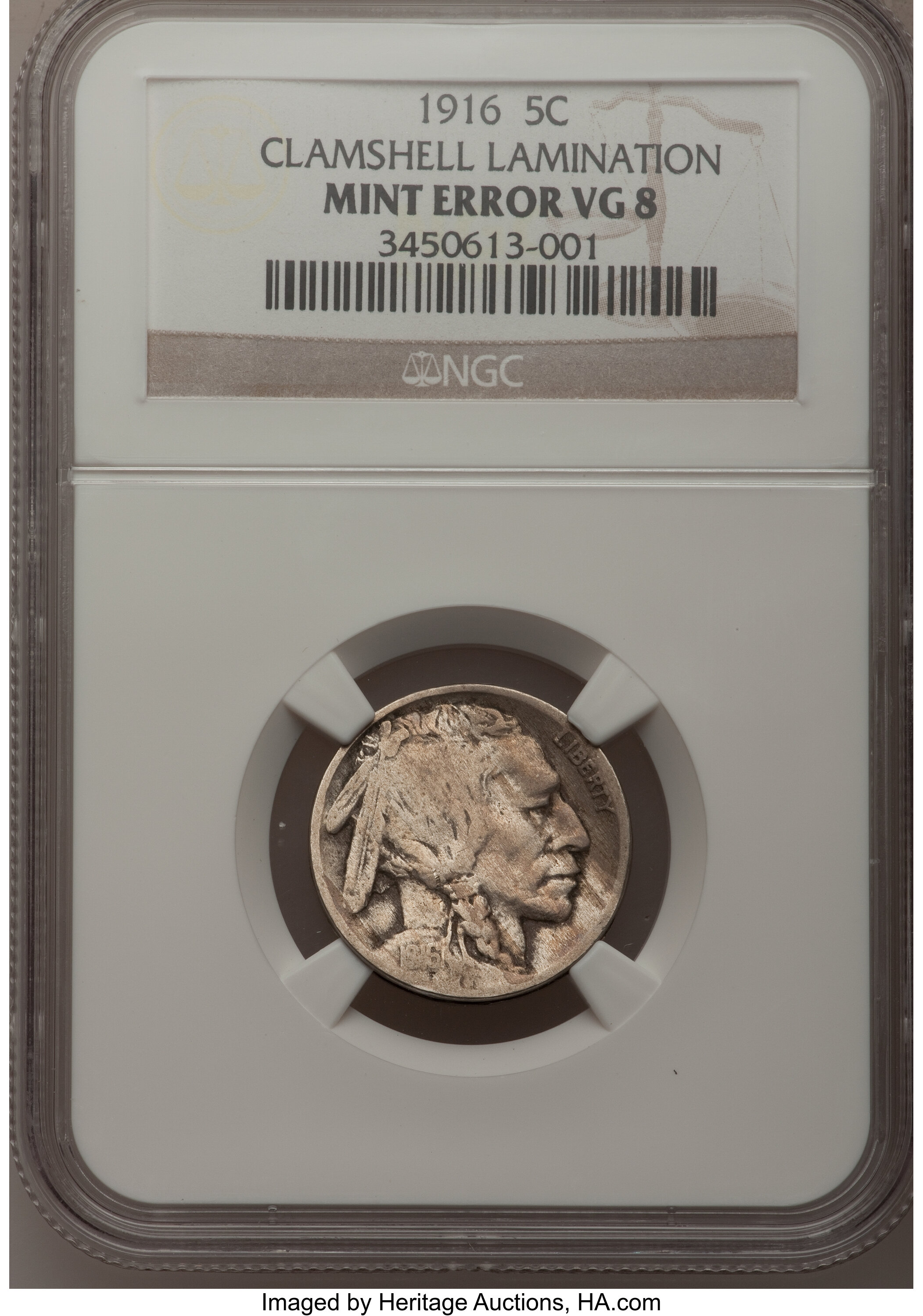 1916 5C Buffalo Nickel--Clamshell Lamination--VG8 NGC. ...