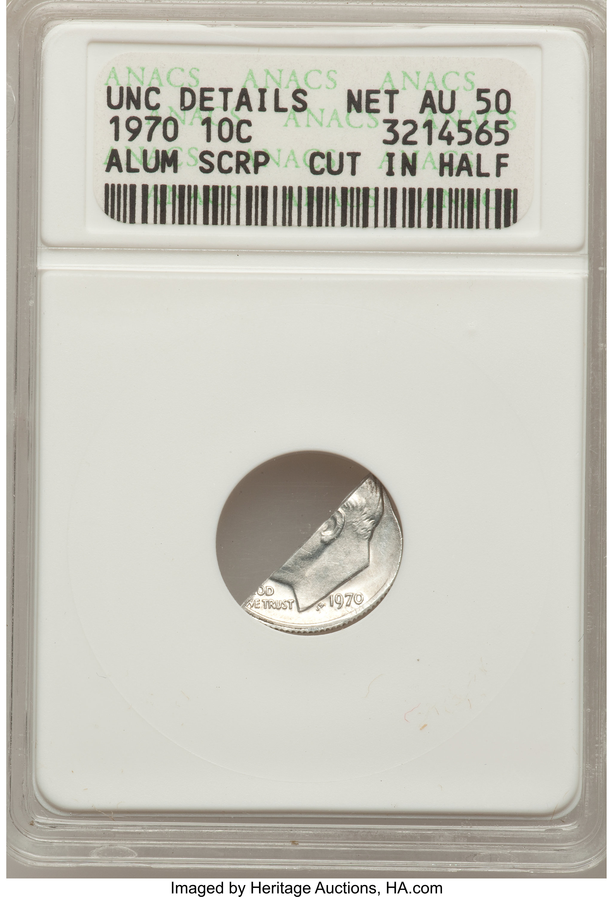 image for: 1970 10C Roosevelt Dime -Aluminum Scrap, Cut in Half-ANACS. Unc Details. Net AU50....
