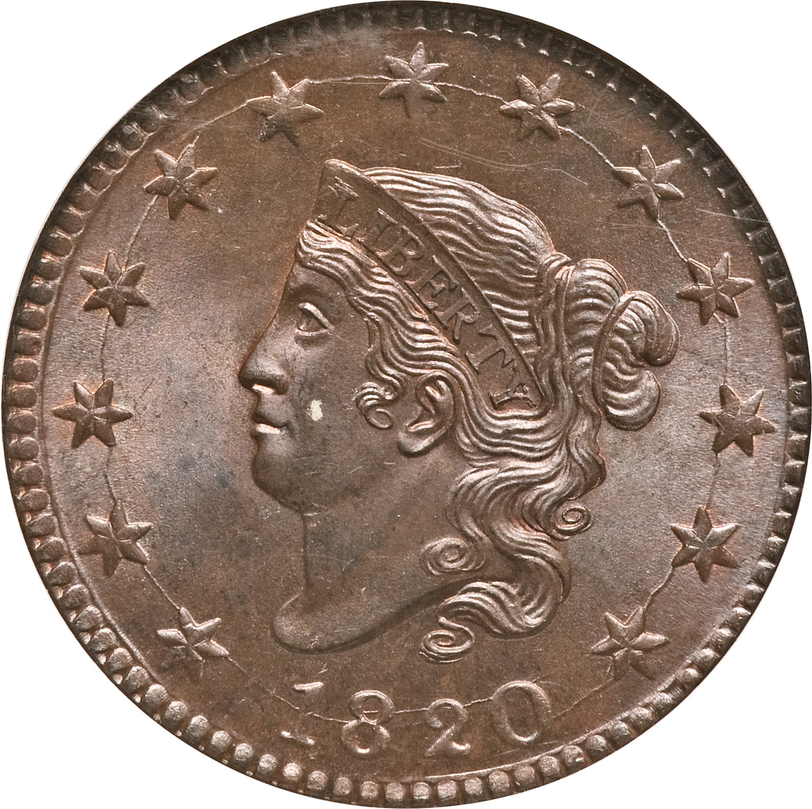 1820 1C Large Date MS67 Brown NGC. N-13, R.1. ...