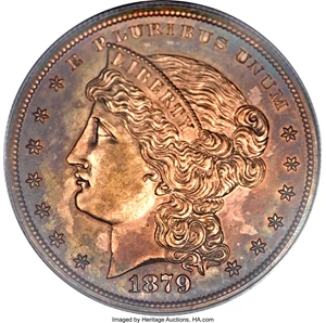 image for: 1879 $1 Metric Dollar, Judd-1619, Pollock-1814, R.6-7, PR63 Red and Brown PCGS....