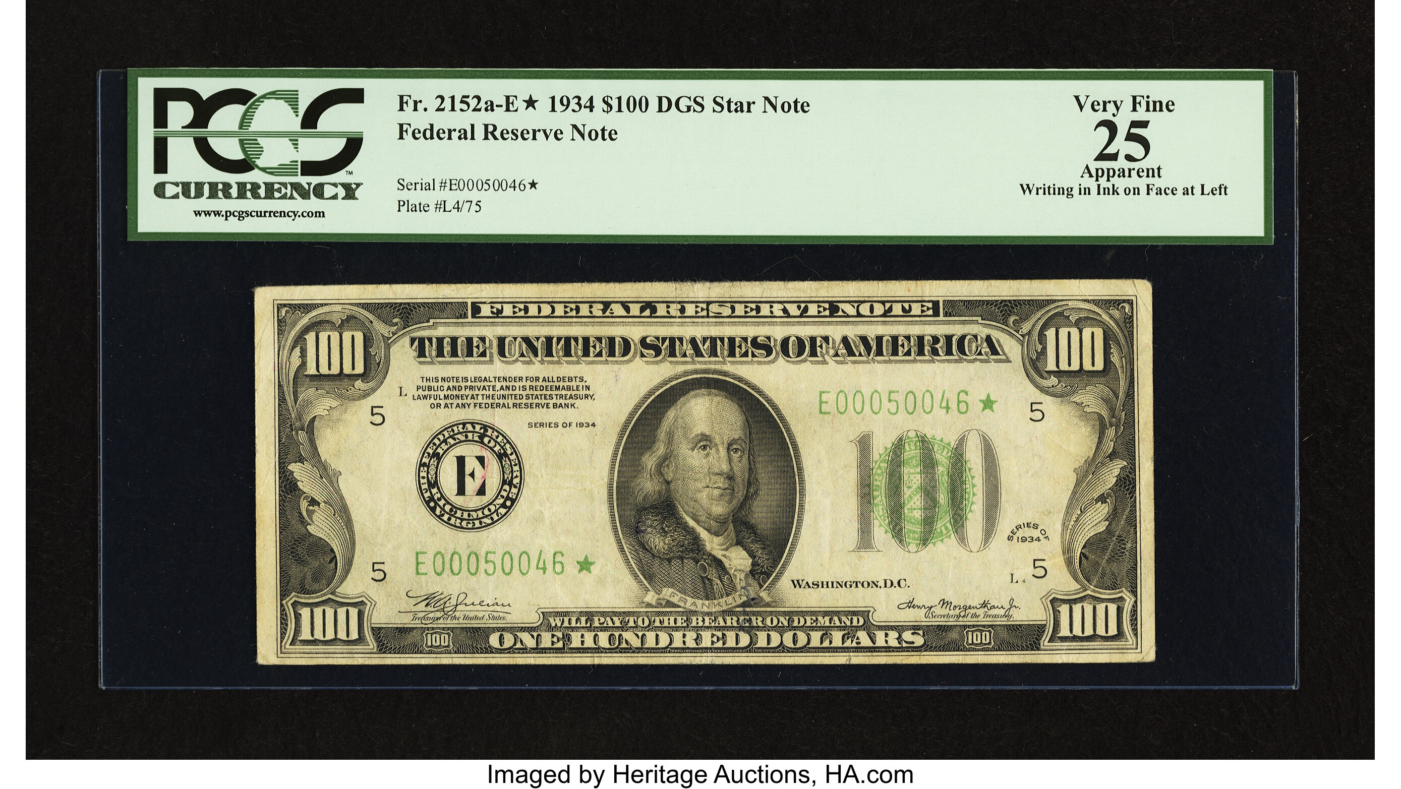image for: Fr. 2152-E* $100 1934 Dark Green Seal Federal Reserve Note. PCGS Apparent Very Fine 25....