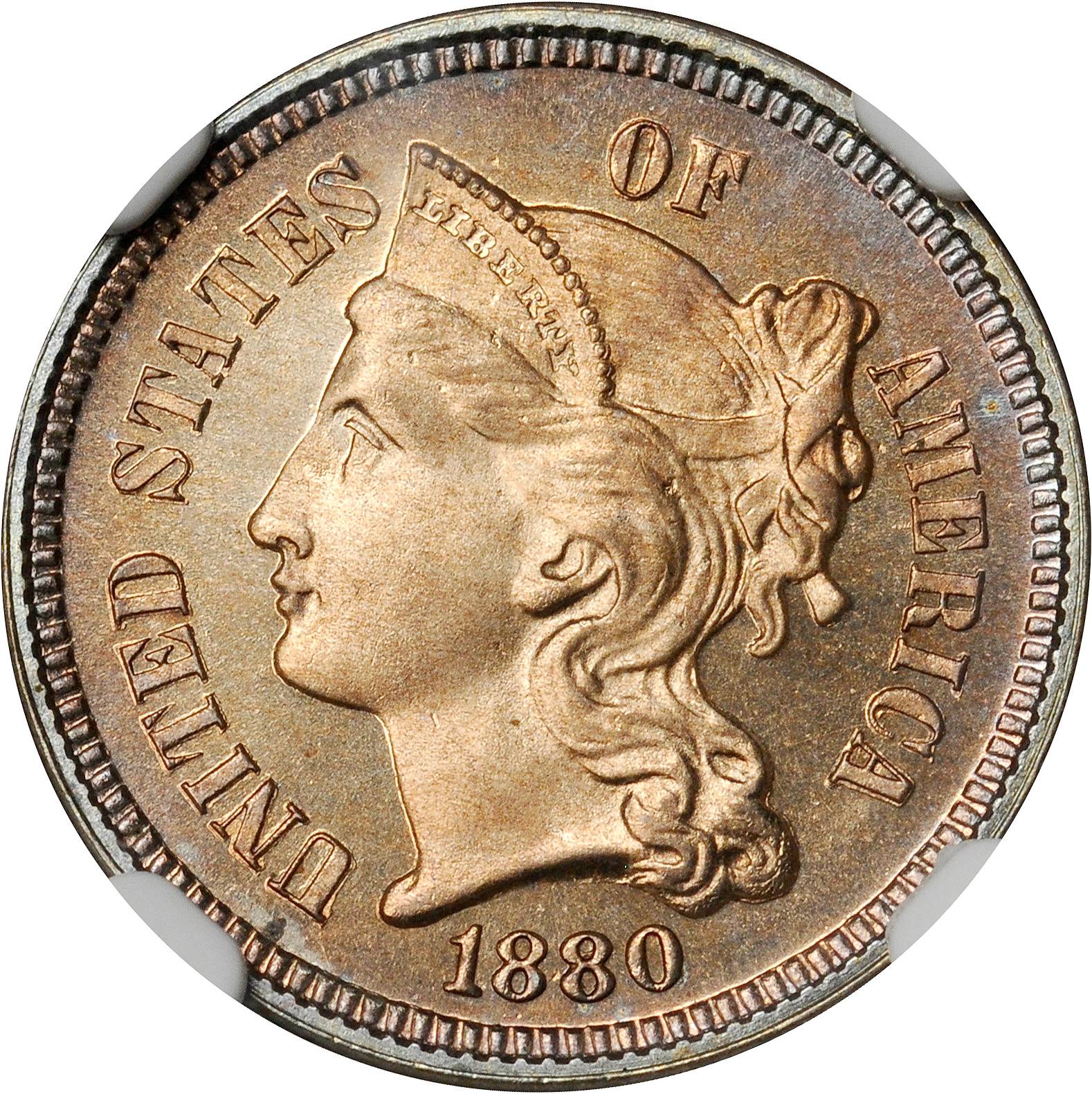 1880 Nickel Three-Cent Piece. Proof--Artificial Toning (NGC).
