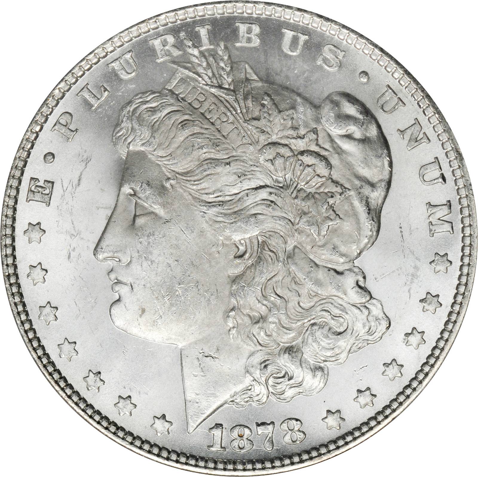 image for: 1878 8TF Morgan Silver Dollar. VAM 7 Tripled E. MS-63 (PCGS).