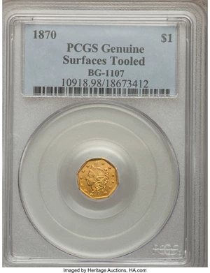 image for: 1870 $1 Liberty Octagonal 1 Dollar, BG-1107, R.5--Surfaces Tooled-- PCGS Genuine. (#10918)...