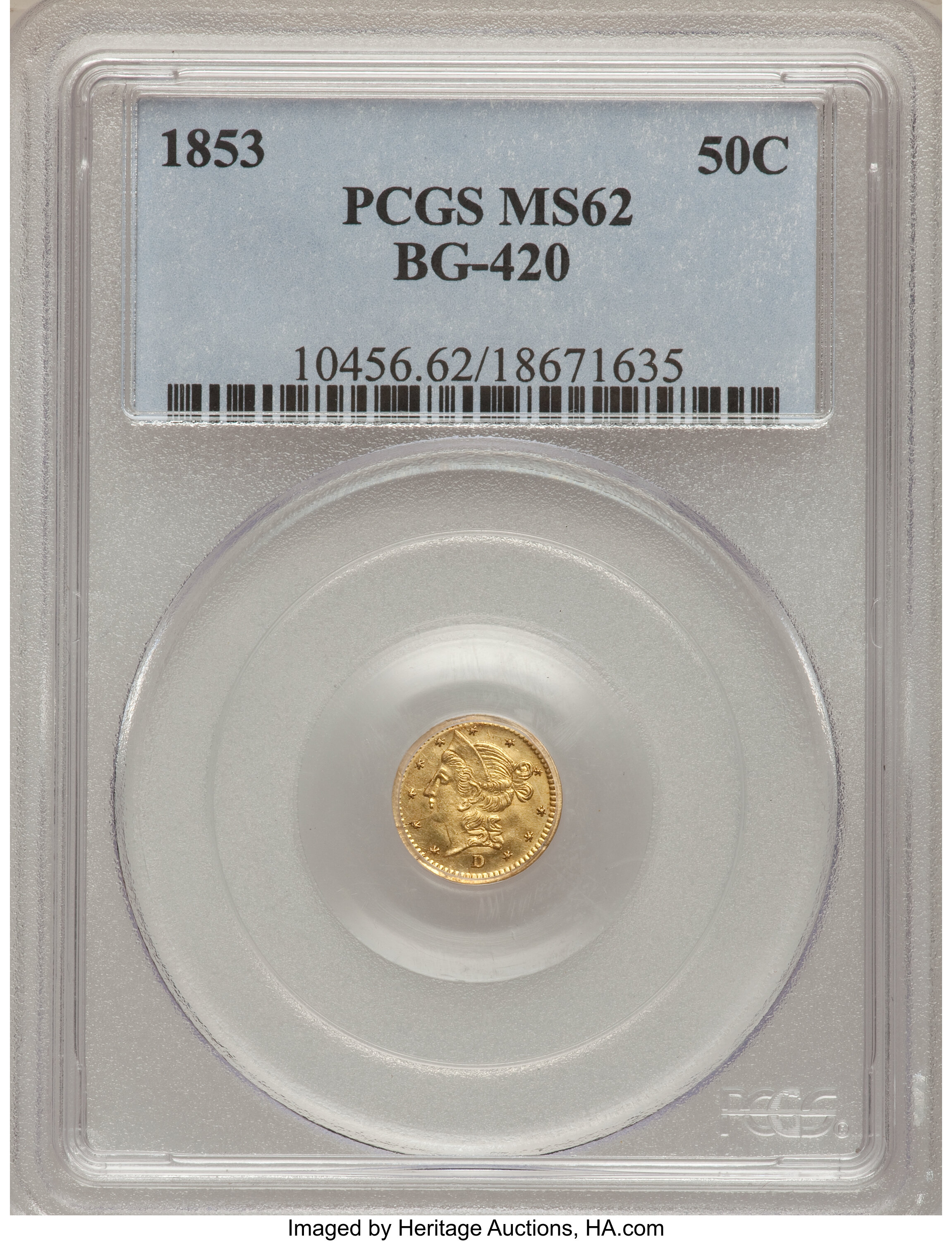 image for: 1853 50C Liberty Round 50 Cents, BG-420, Low R.7, MS62 PCGS....
