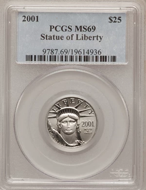 image for: 2001 P$25 Quarter-Ounce Platinum Eagle MS69 PCGS. PCGS Population (1141/5). NGC Census: (1363/44). Mintage: 21,815. Numisme...