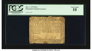 image for: Maryland December 7, 1775 $1/2 PCGS Very Good 10....