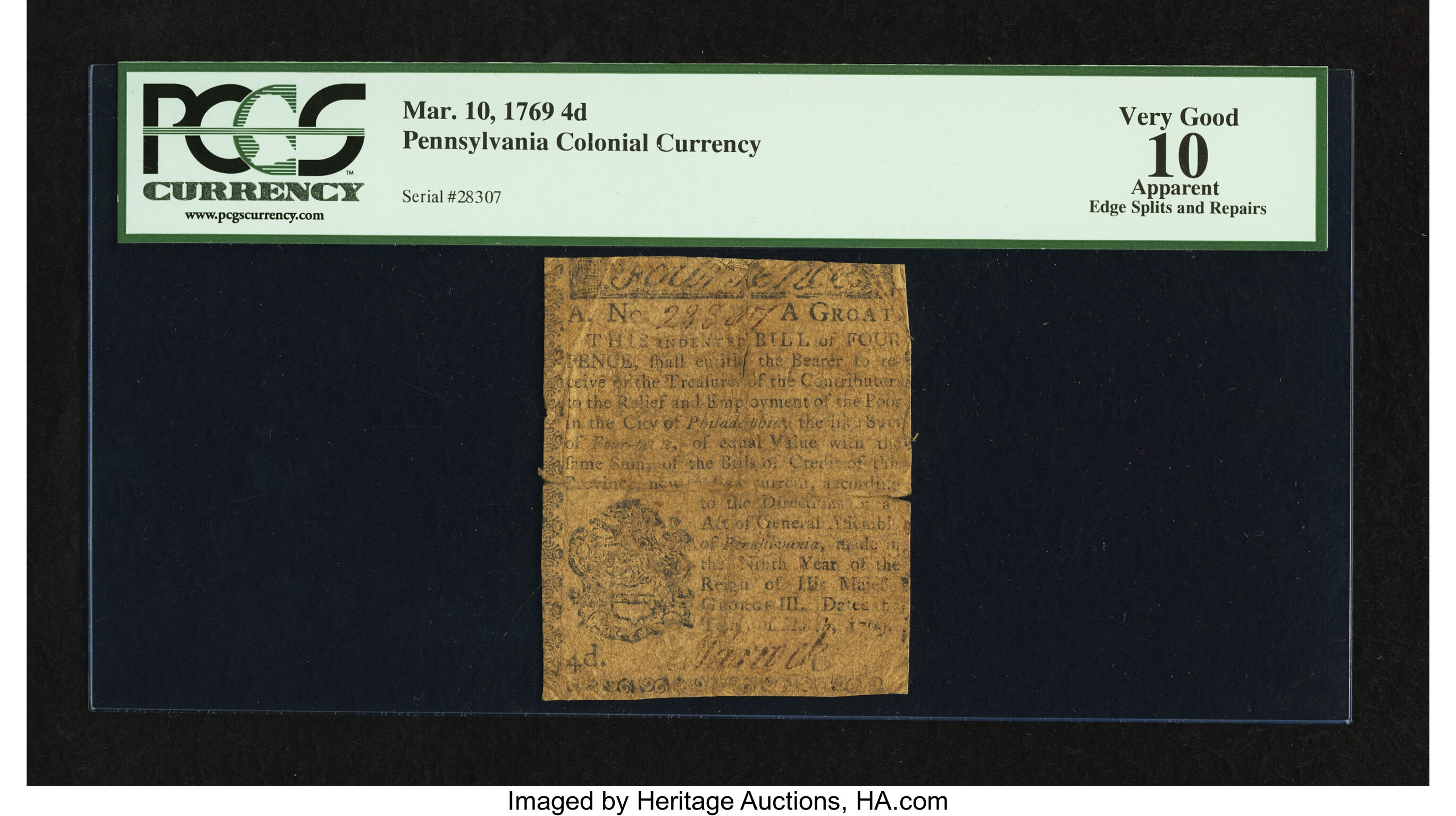 image for: Pennsylvania March 10, 1769 4d PCGS Apparent Very Good 10....