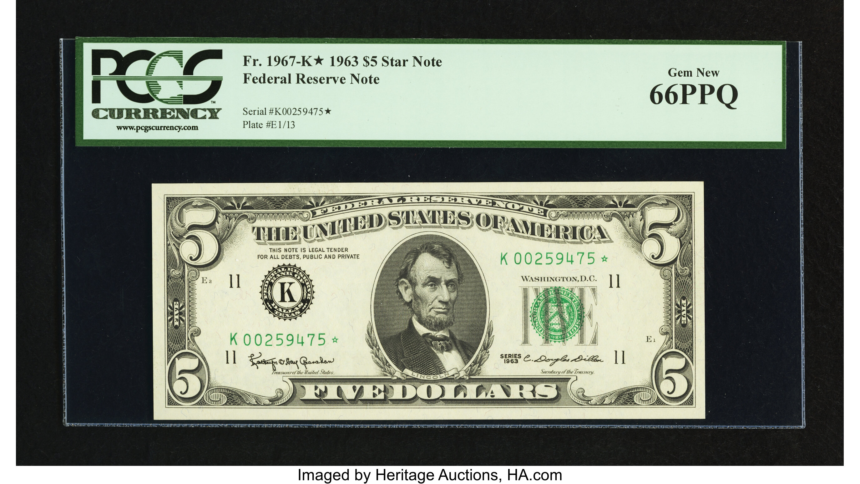 image for: Fr. 1967-K* $5 1963 Federal Reserve Note. PCGS Gem New 66PPQ....