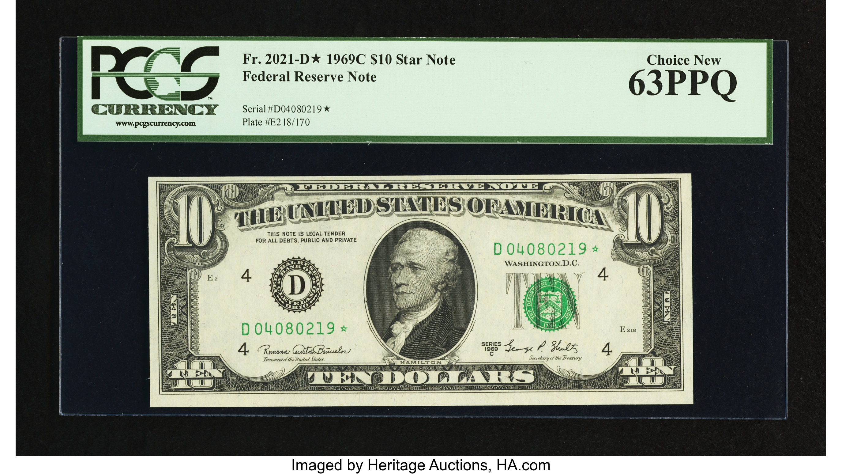 image for: Fr. 2021-D* $10 1969C Federal Reserve Note. PCGS Choice New 63PPQ....