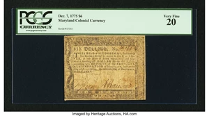image for: Maryland December 7, 1775 $6 PCGS Very Fine 20....