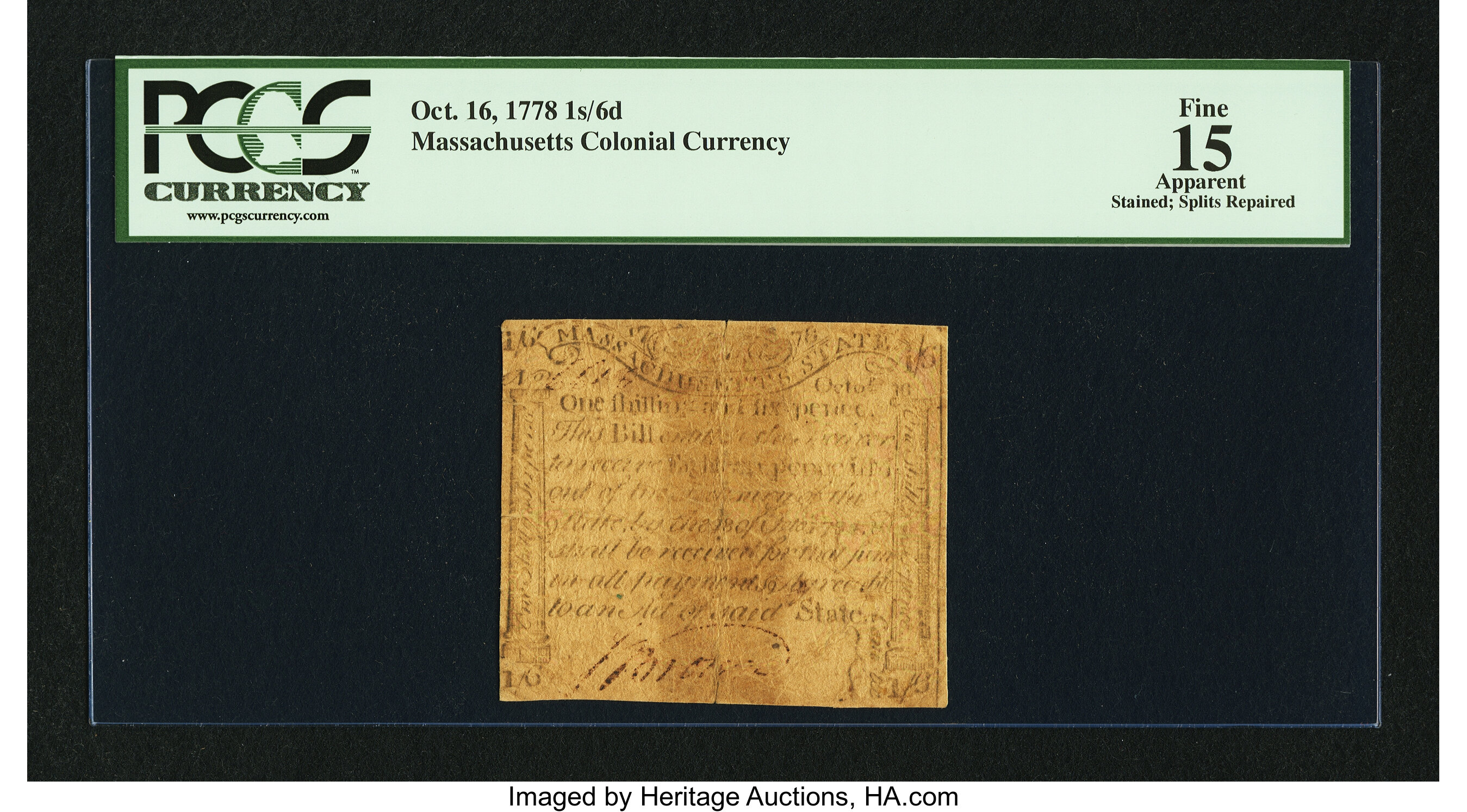 image for: Massachusetts October 16, 1778 1s 6d PCGS Apparent Fine 15....