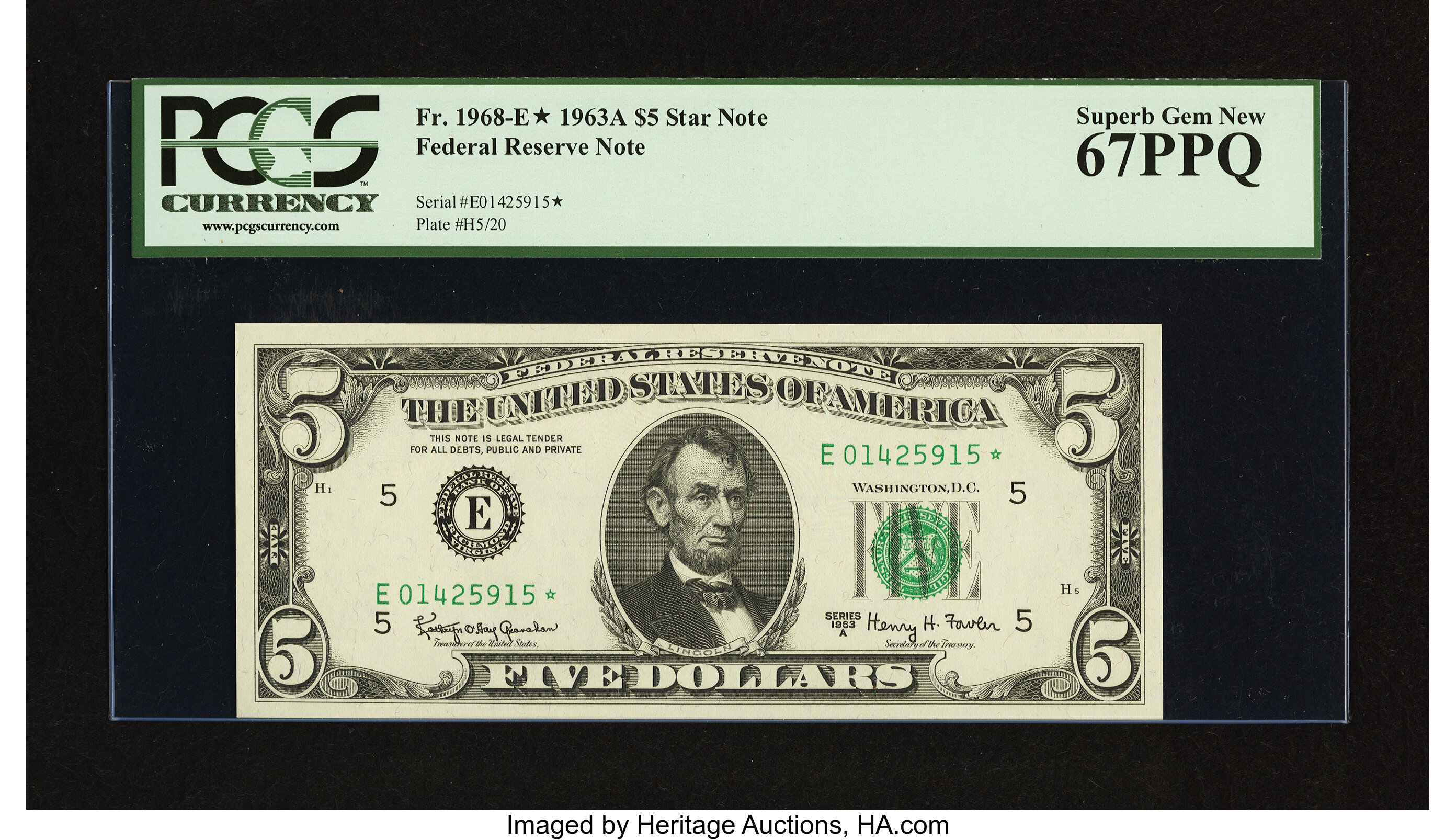 image for: Fr. 1968-E* $5 1963A Federal Reserve Star Note. PCGS Superb Gem New 67PPQ....