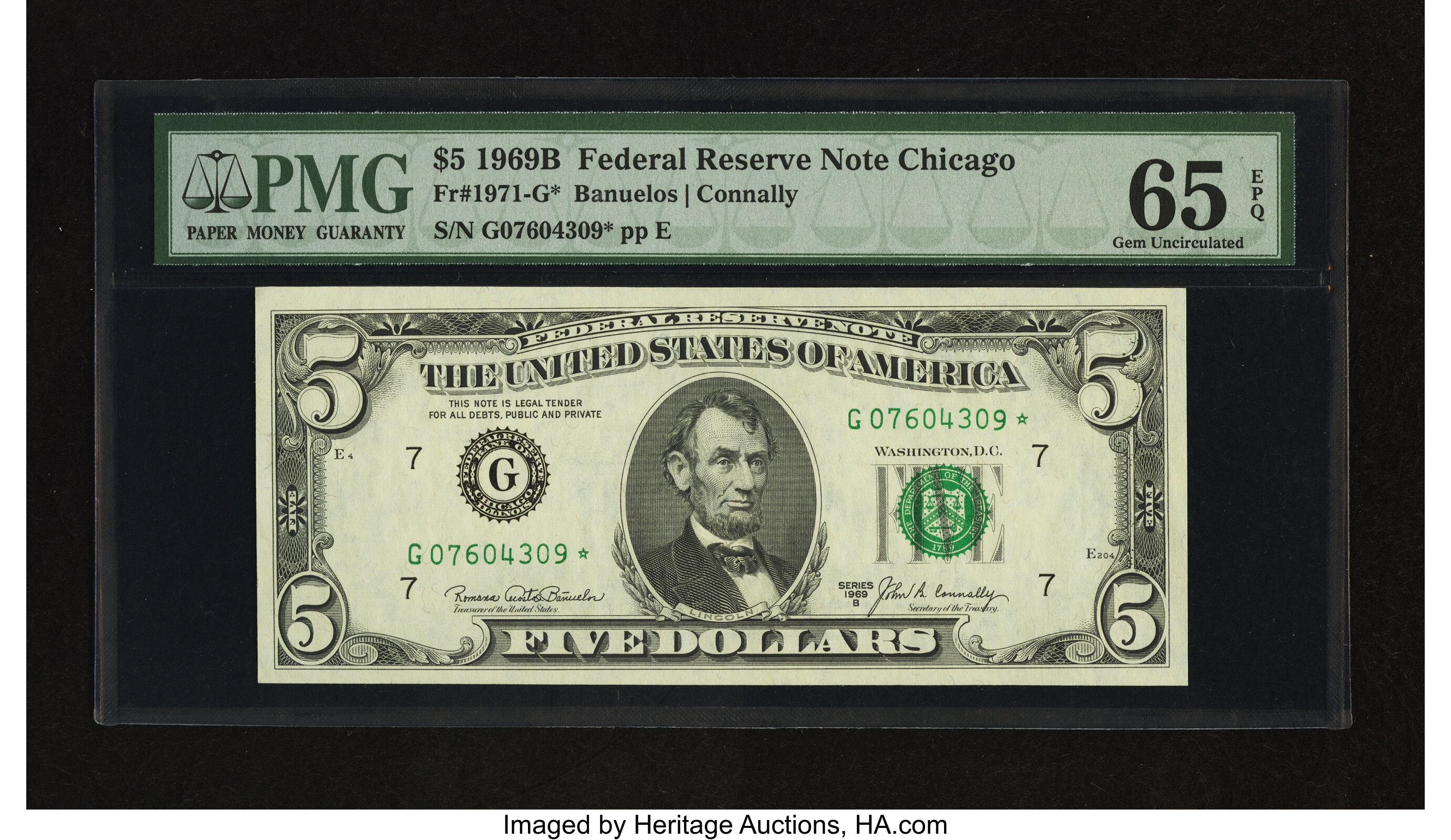image for: Fr. 1971-G* $5 1969B Federal Reserve Star Note. PMG Gem Uncirculated 65 EPQ....