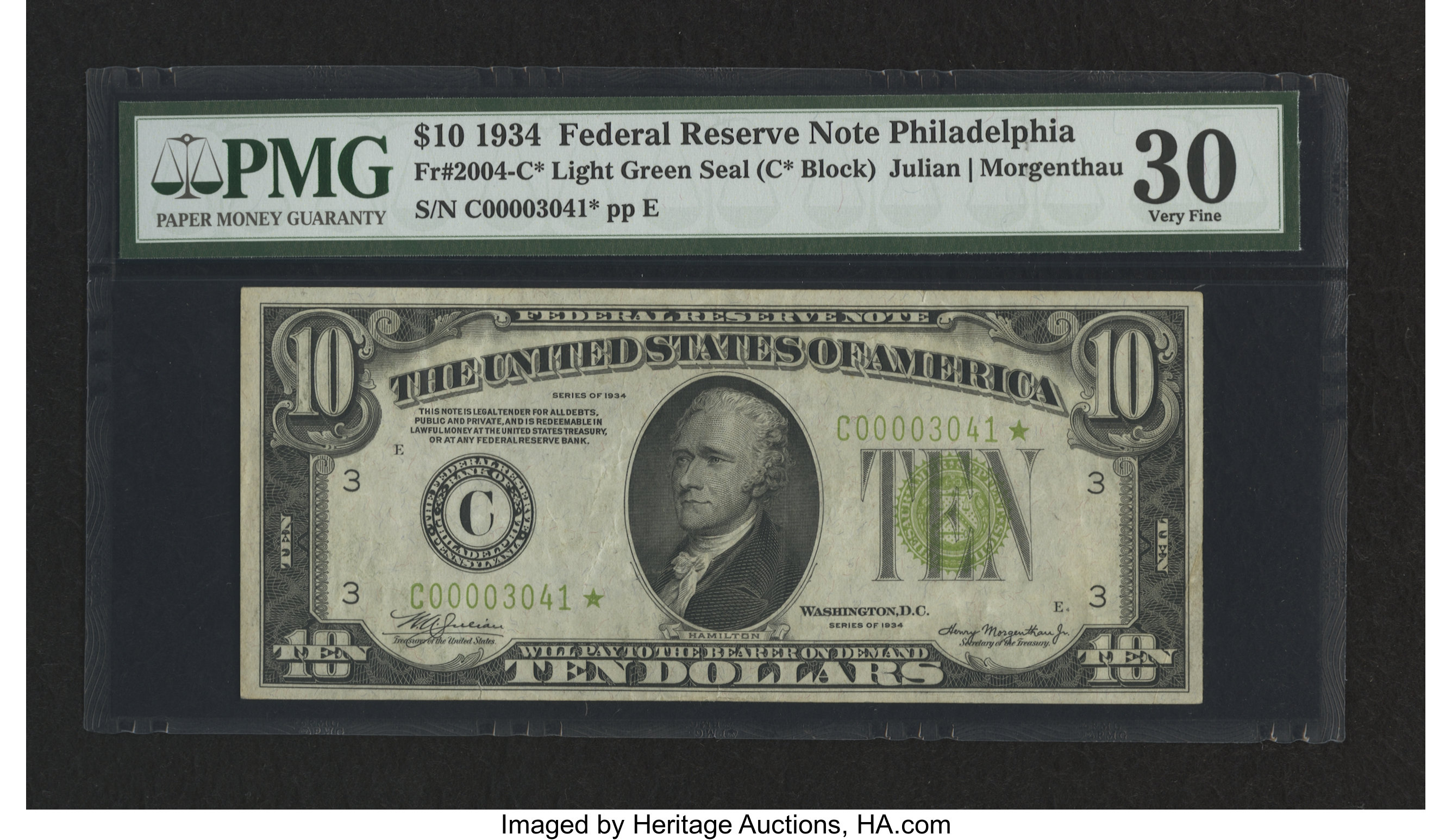 image for: Fr. 2004-C* $10 1934 Light Green Seal Federal Reserve Star Note. PMG Very Fine 30....