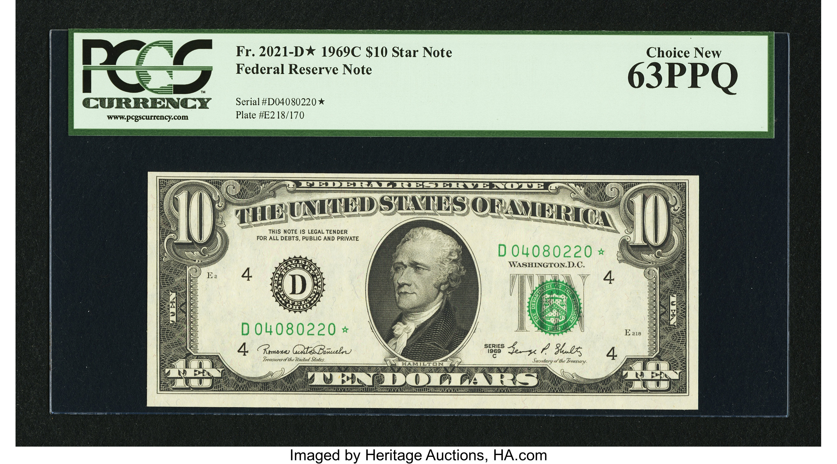 image for: Fr. 2021-D* $10 1969C Federal Reserve Note. PCGS Choice New 63PPQ....