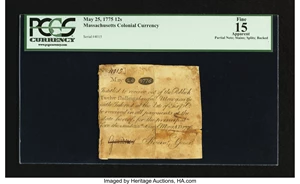 image for: Massachusetts May 25, 1775 12s PCGS Apparent Fine 15....