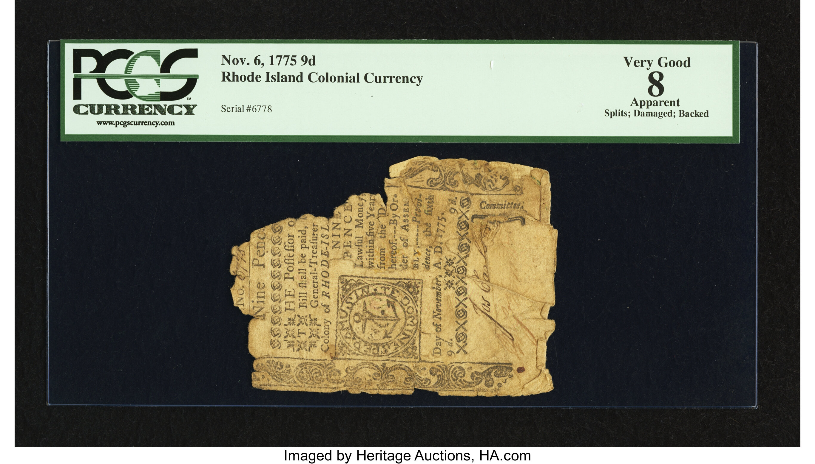 image for: Rhode Island November 6, 1775 9d PCGS Apparent Very Good 08....