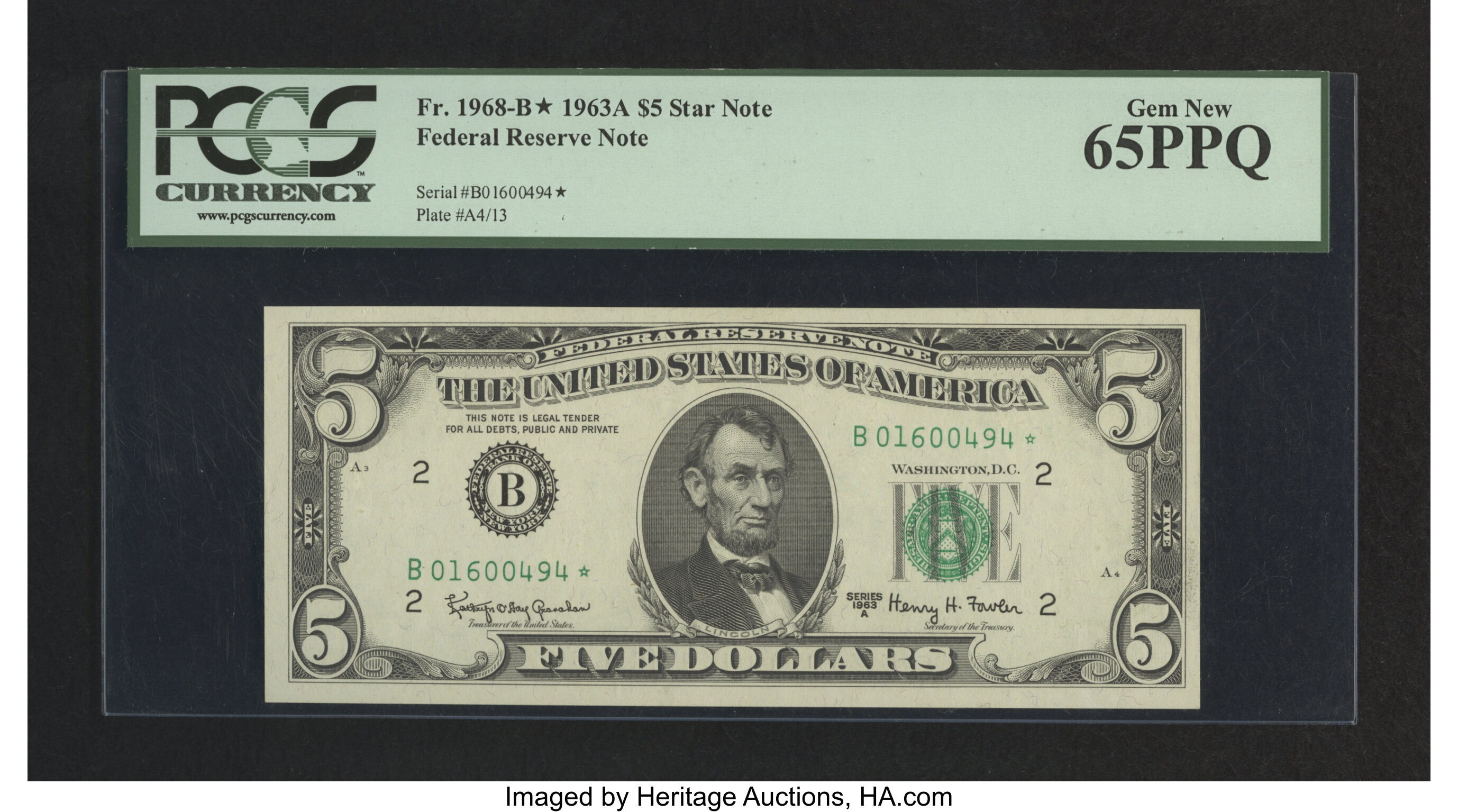 image for: Fr. 1968-B* $5 1963A Federal Reserve Star Note. PCGS Gem New 65PPQ....