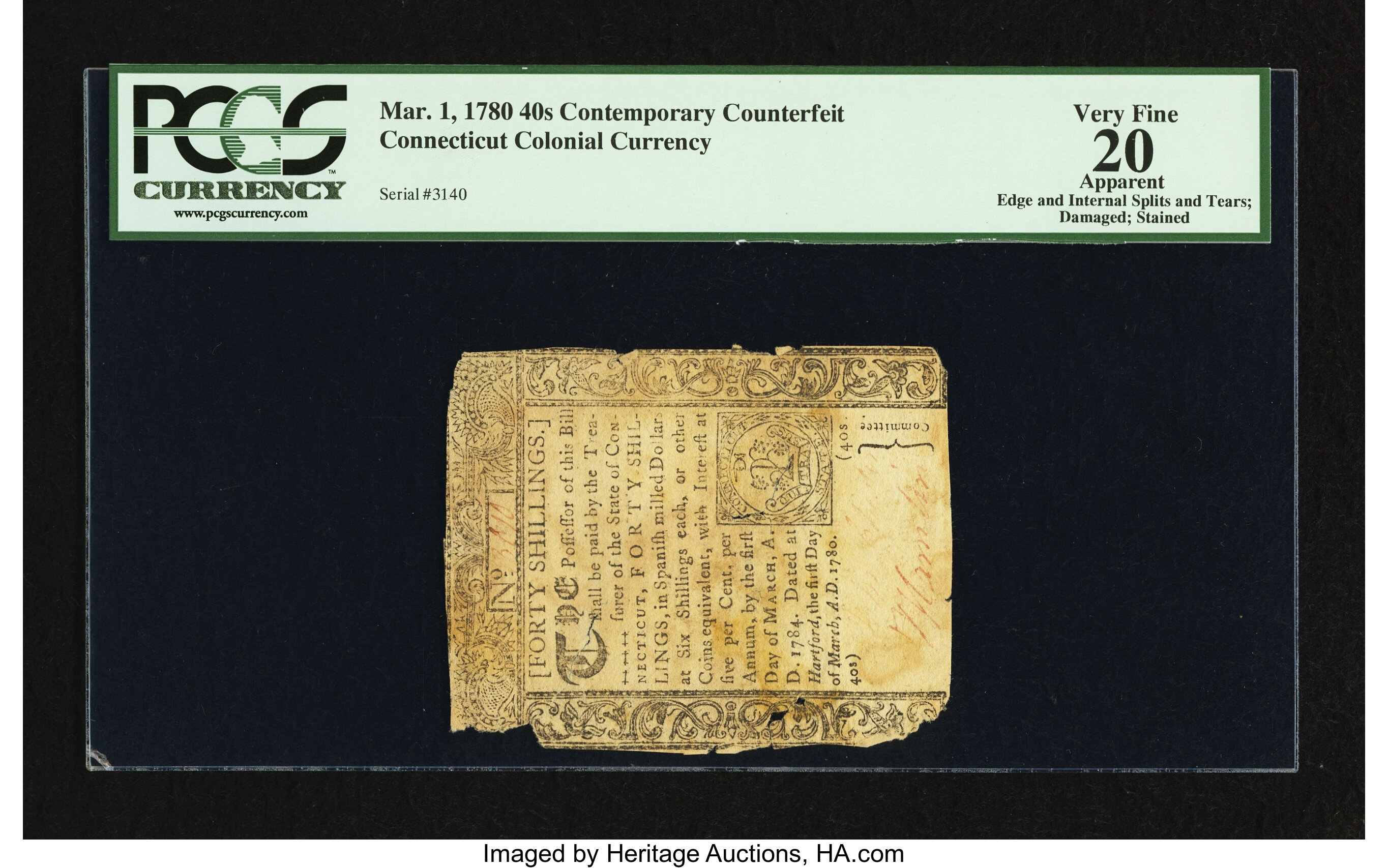image for: Uncancelled Connecticut March 1, 1780 40s Contemporary Counterfeit PCGS Apparent Very Fine 20....