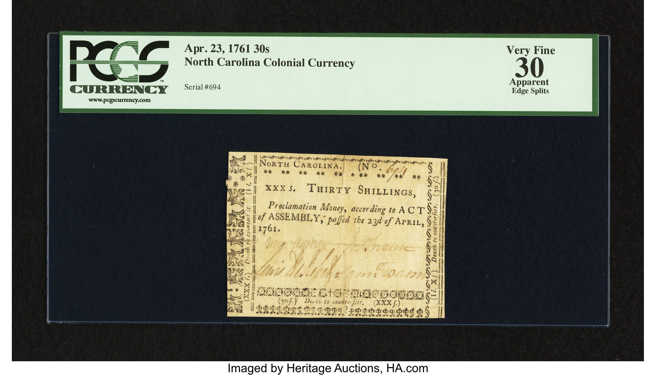 image for: North Carolina April 23, 1761 30s PCGS Apparent Very Fine 30....