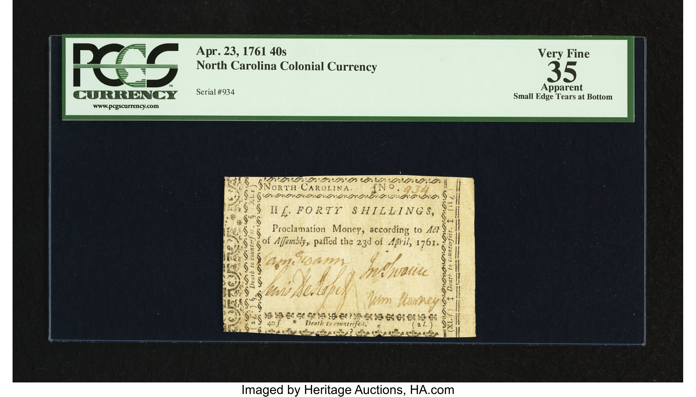 image for: North Carolina April 23, 1761 40s PCGS Apparent Very Fine 35....