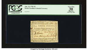 image for: North Carolina April 23, 1761 £3 PCGS Apparent Very Fine 30....