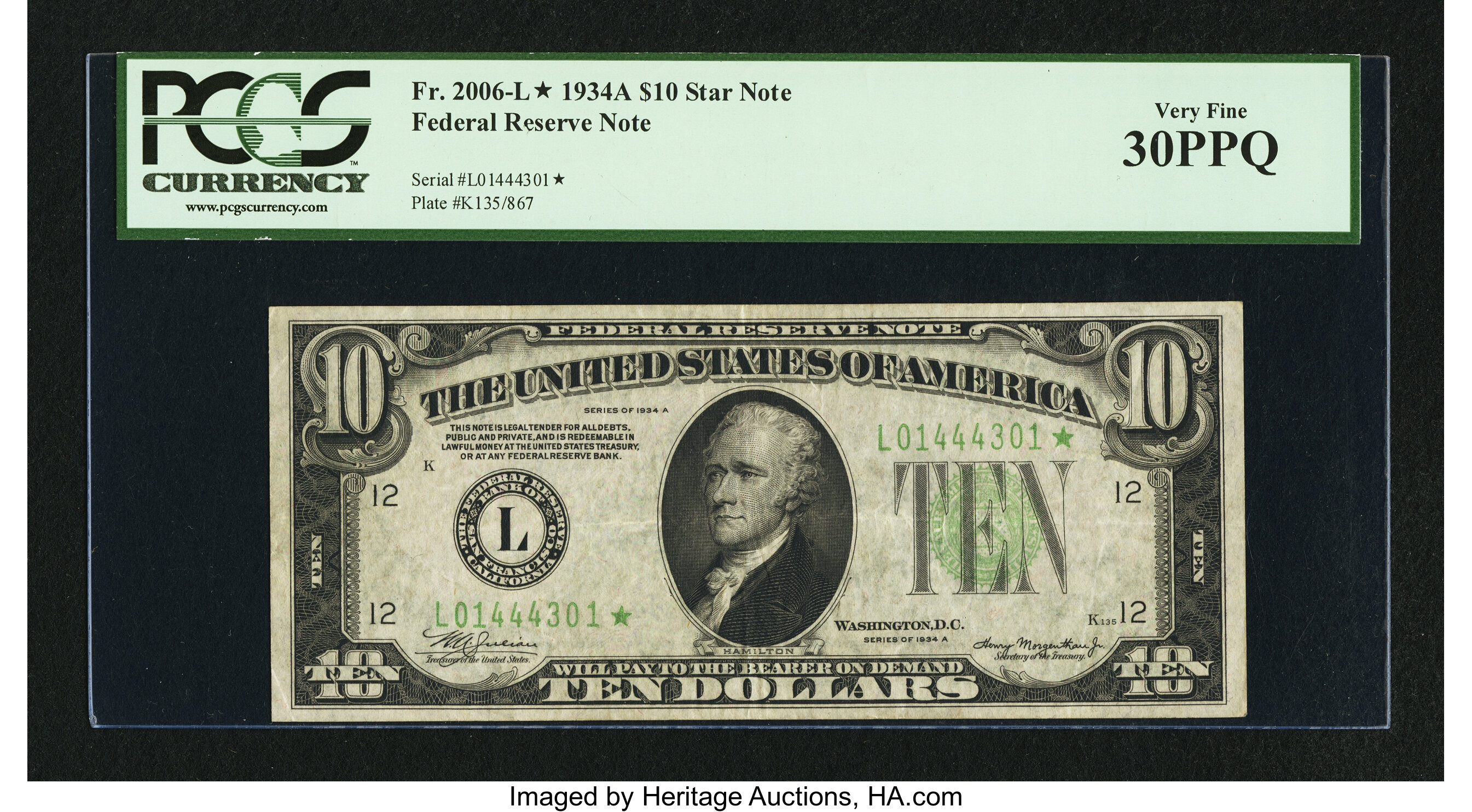 image for: Fr. 2006-L* $10 1934A Federal Reserve Star Note. PCGS Very Fine 30PPQ....